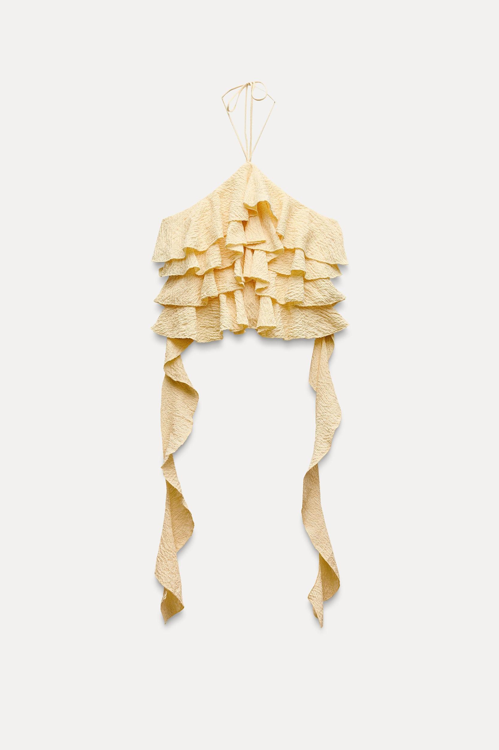 RUFFLED TEXTURED CROP HALTER TOP Product Image