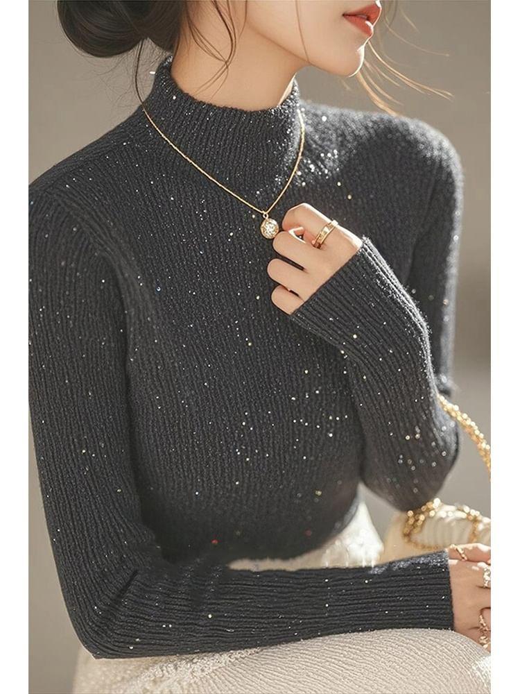 Long-Sleeve Mock Neck Glitter Plain Knit Top Product Image