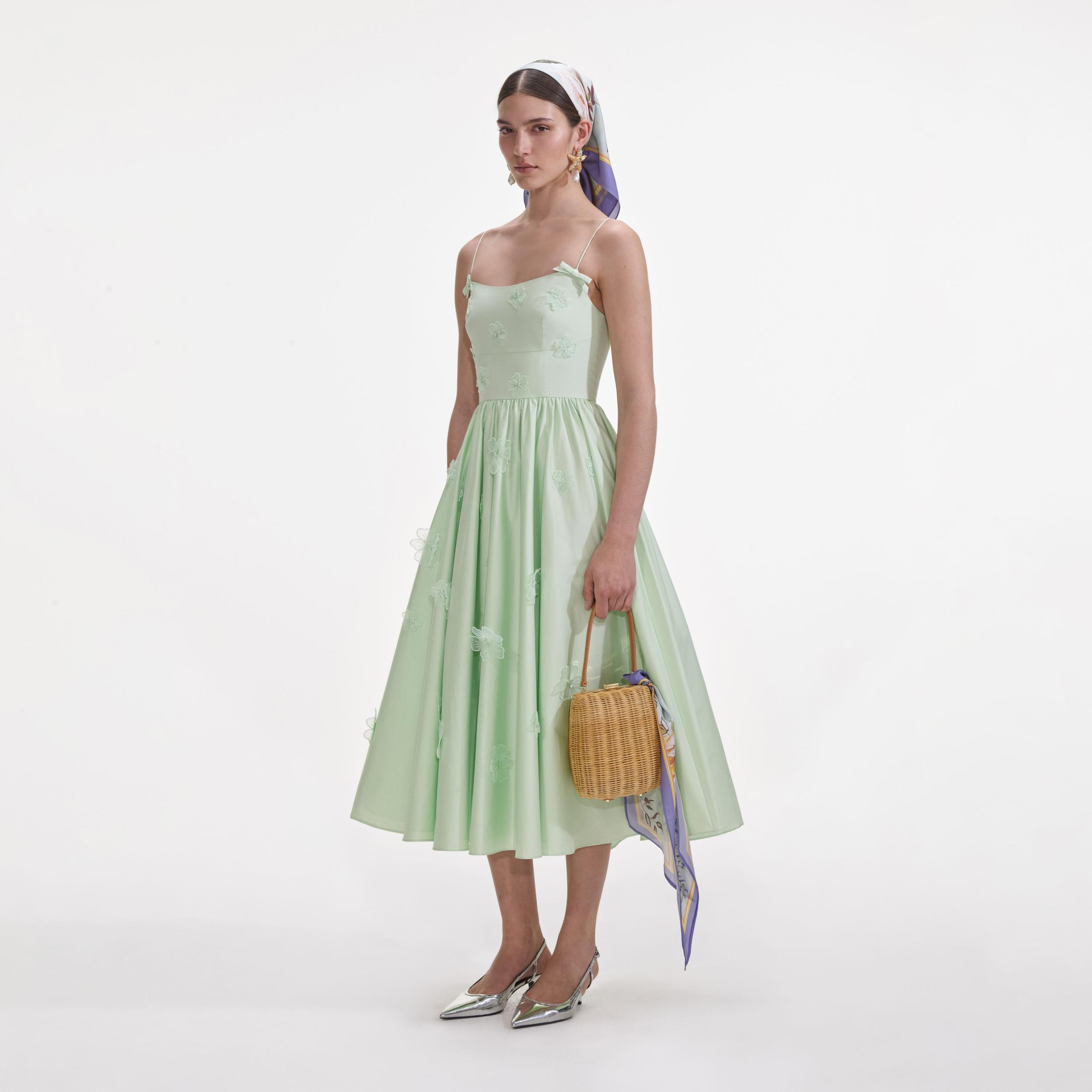 Green Cotton Flower Midi Dress Product Image