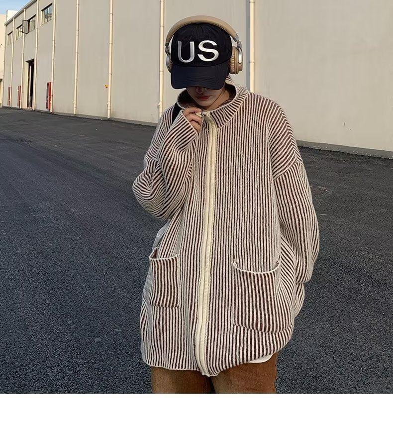 Striped Pocket Detail Oversized Zip Cardigan Product Image