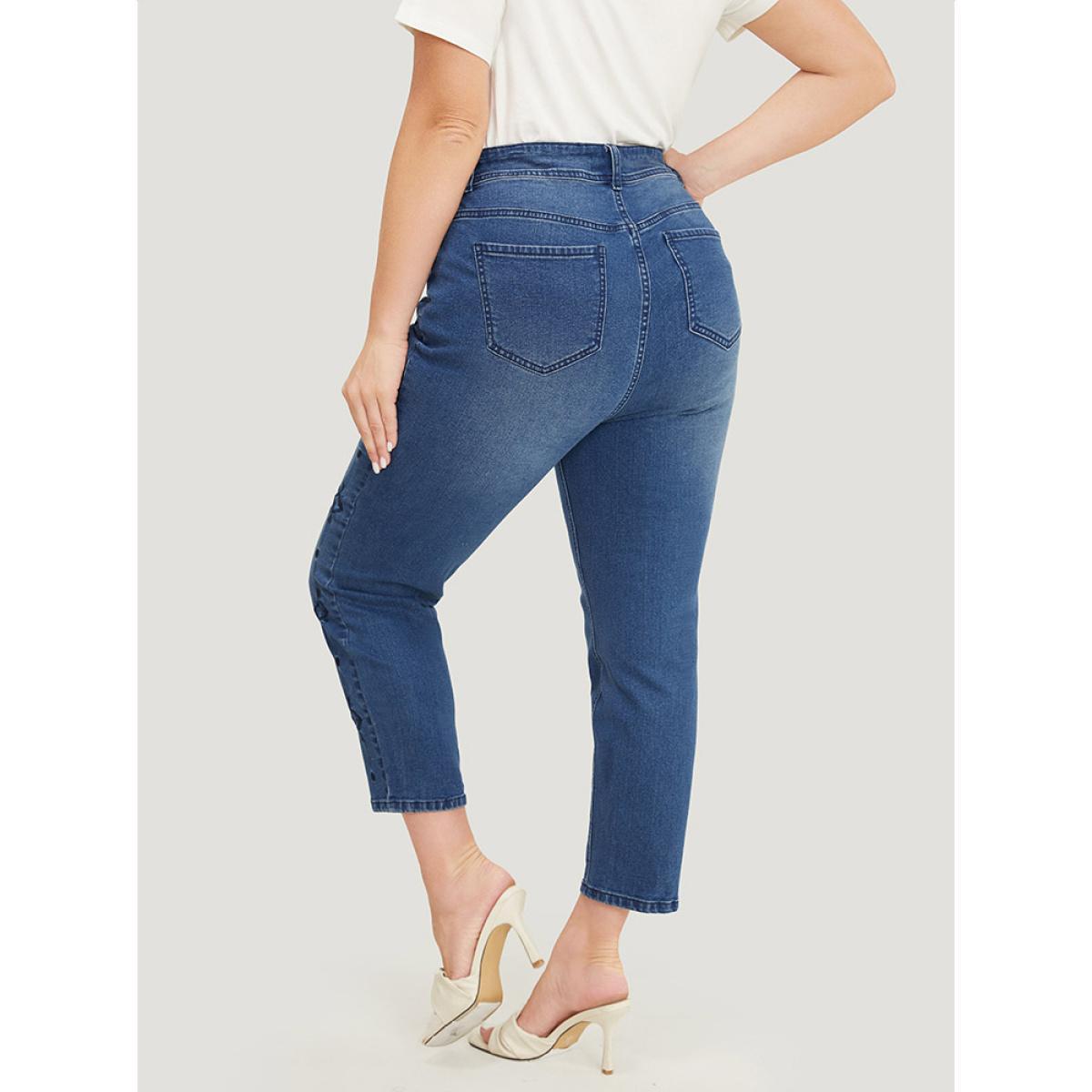 Plus Size Very Stretchy Medium Wash Geometric Embroidered Jeans Women Indigo Casual Plain Embroidered High stretch Pocket Jeans BloomChic 30/6X Product Image