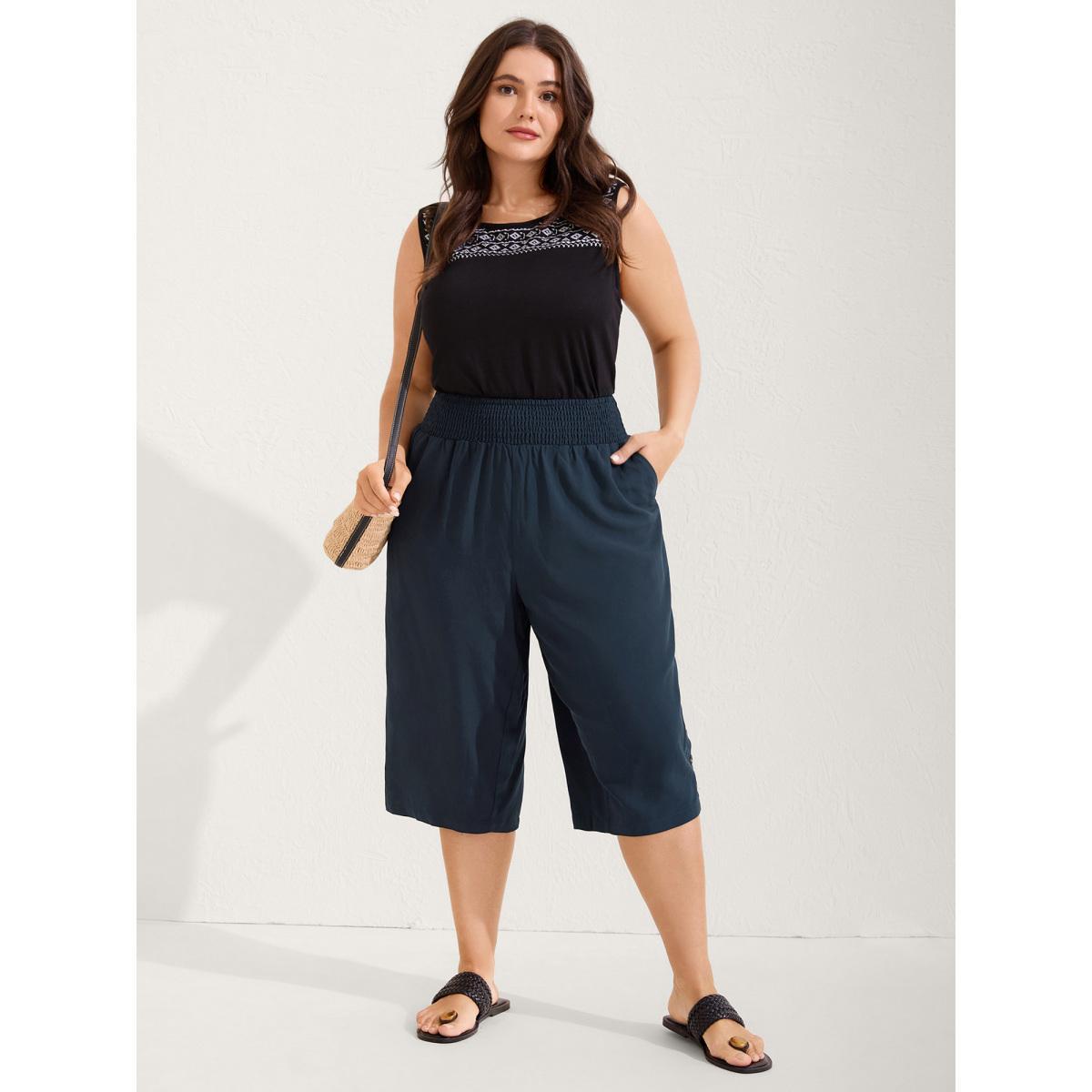 Plus Size Shirred Waist Solid Straight-Leg Pants Women Midnight Resort Straight Leg Mid Rise Vacation Pants BloomChic 14-16/1X Product Image