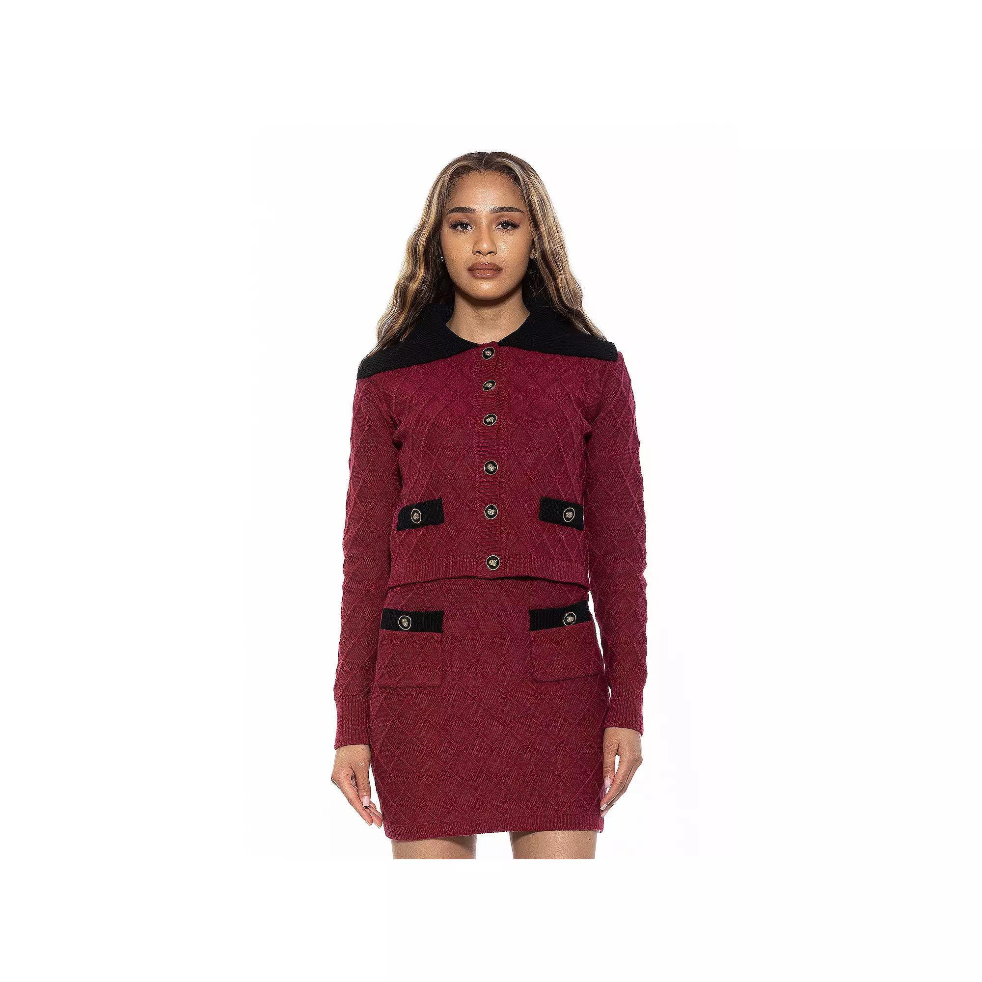 Women's ALEXIA ADMOR Alina Wide Contrast Collared Knit Cardigan, Size: Medium, Burgandy Product Image