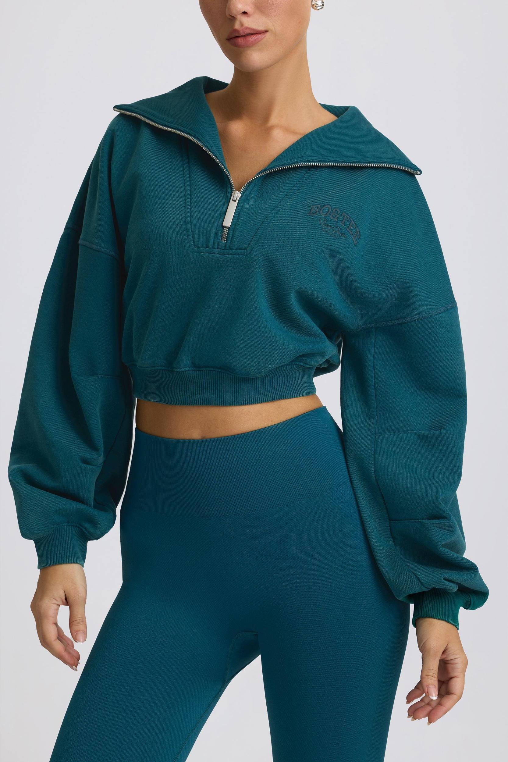 Quarter-Zip Cropped Sweatshirt in Teal Product Image