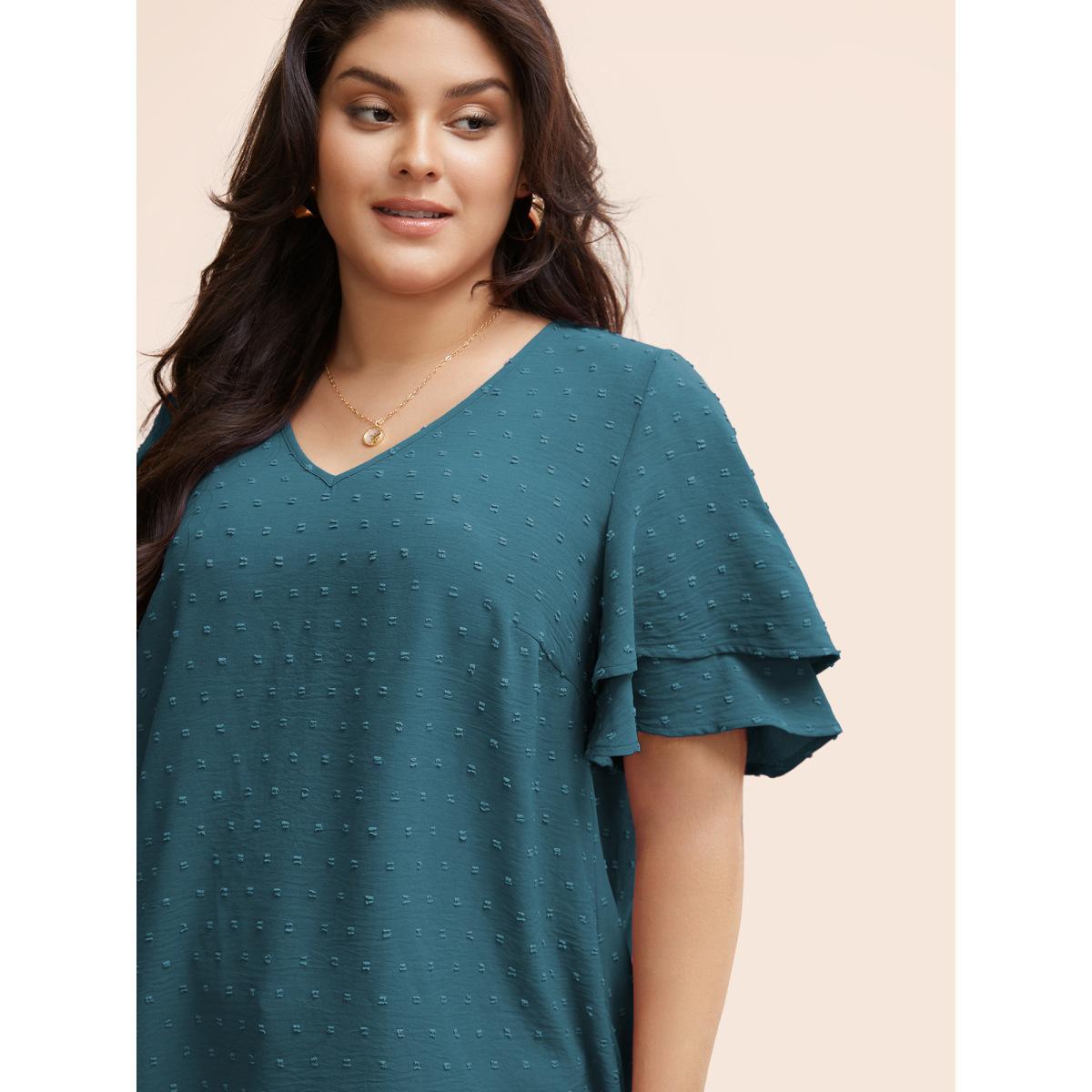 Plus Size Cerulean Plain Ruffle Tiered Sleeve V Neck Polka Dot Blouse Women Elegant Short sleeve V-neck Everyday Blouses BloomChic 18-20/2X Product Image