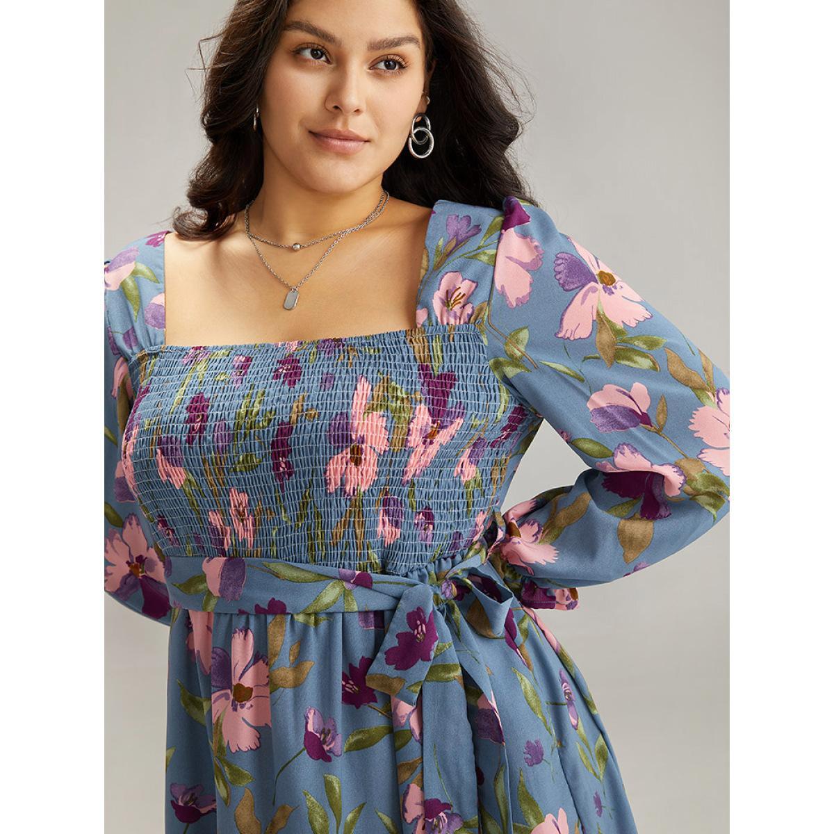 Plus Size Floral Print Puff Sleeve Belted Shirred Dress Stone Women Elegant Elastic cuffs Square Neck Long Sleeve Curvy Midi Dress BloomChic 30/6X Product Image