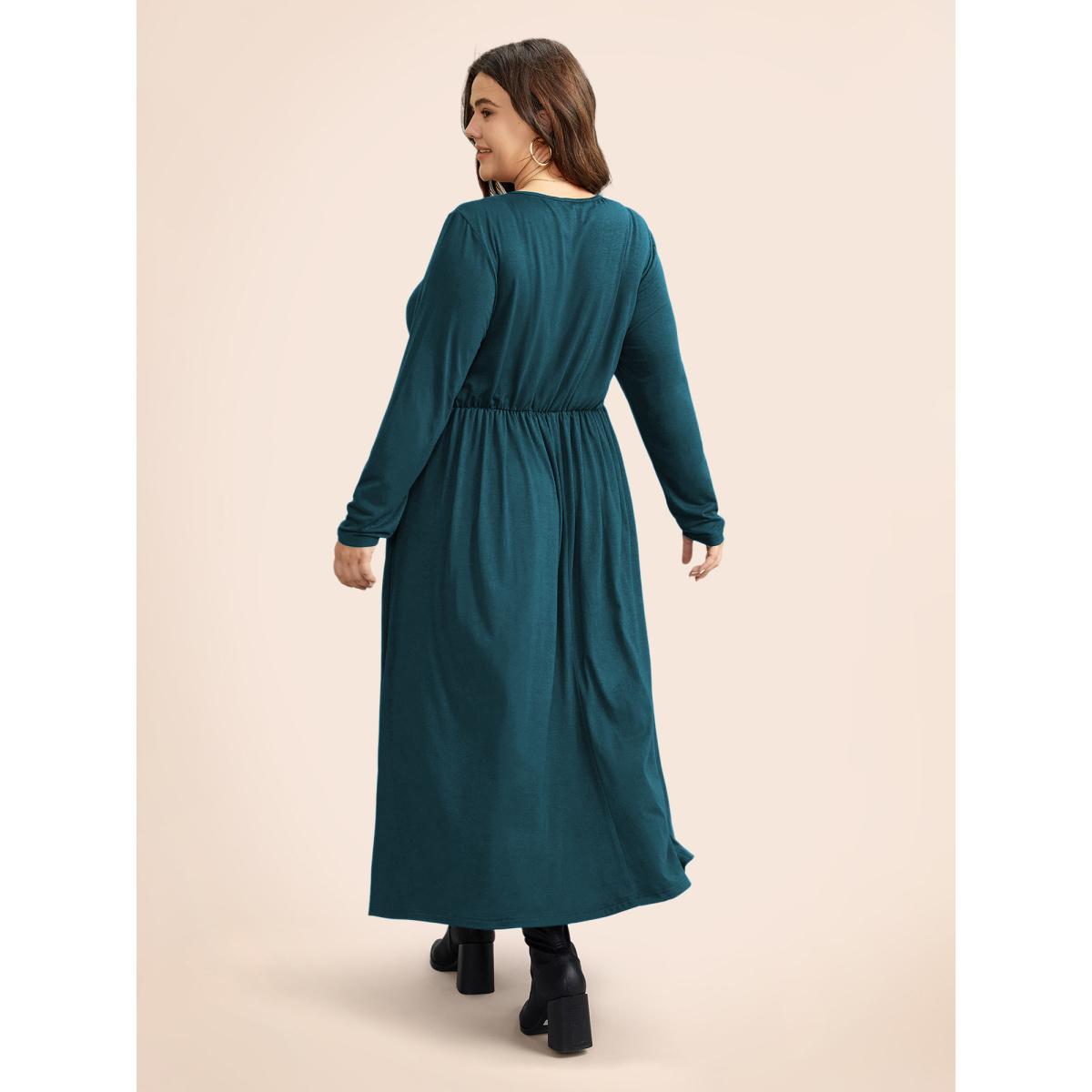 Plus Size Supersoft Essentials Ruched Wrap Pleated Hem Dress Aegean Women Casual Non Overlap Collar Long Sleeve Curvy Midi Dress BloomChic 14-16/1X Product Image