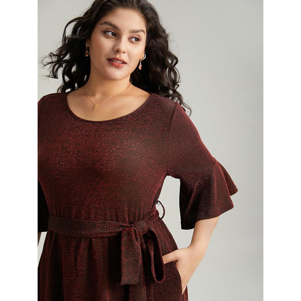 Plus Size Lurex Belted Flutter Sleeve Dress Raspberry Women Elegant Plain Round Neck Elbow-length sleeve Curvy Midi Dress BloomChic 10/M Product Image