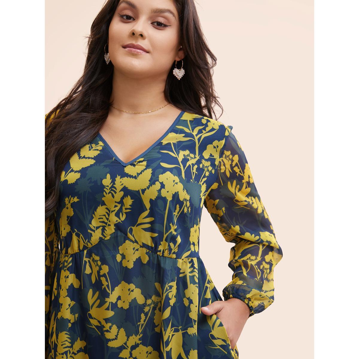 Plus Size V Neck Silhouette Floral Print Mesh Dress Navy Women Elegant Gathered V-neck Long Sleeve Curvy BloomChic 26/4X Product Image