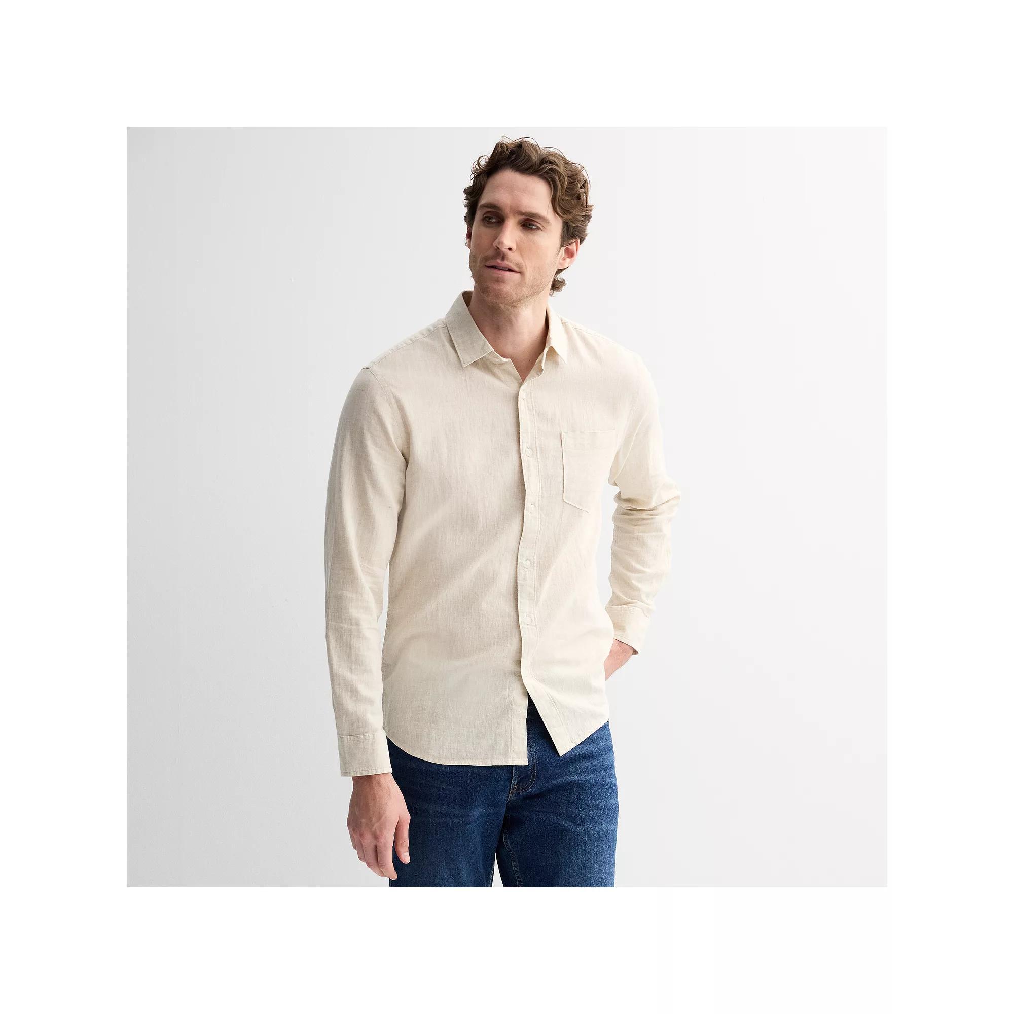 Men's Sonoma Goods For Life® Perfect Length Long Sleeve Linen Shirt, Size: Medium, Natural Product Image