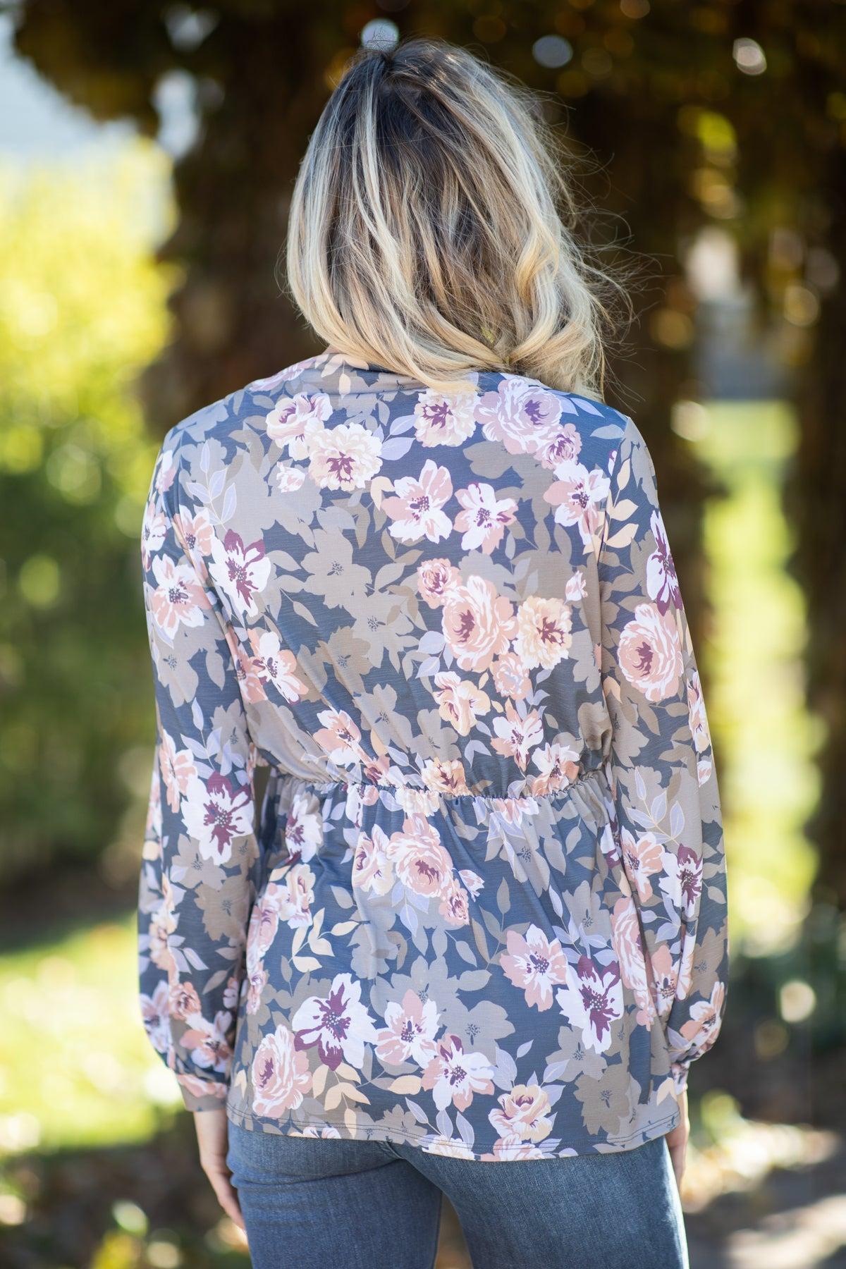 Slate Blue and Dusty Rose Floral Babydoll Top Product Image