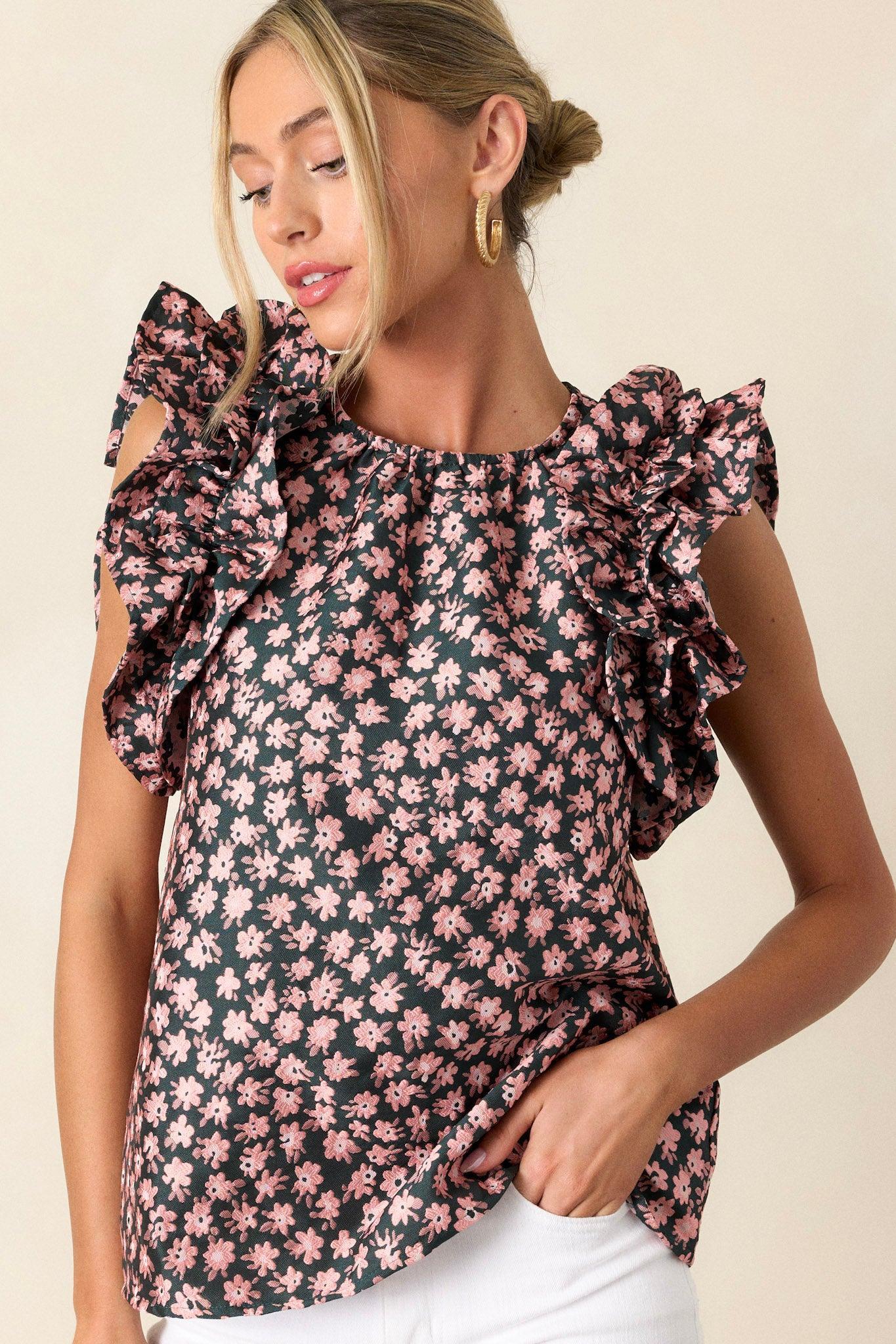 Mystic Twilight Hunter Green Floral Sleeveless Top Product Image