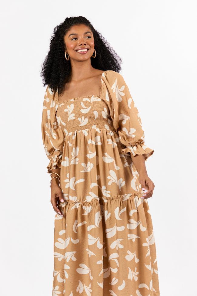 Swing Of Things Neutral Printed Smocked Midi Dress SALE Product Image