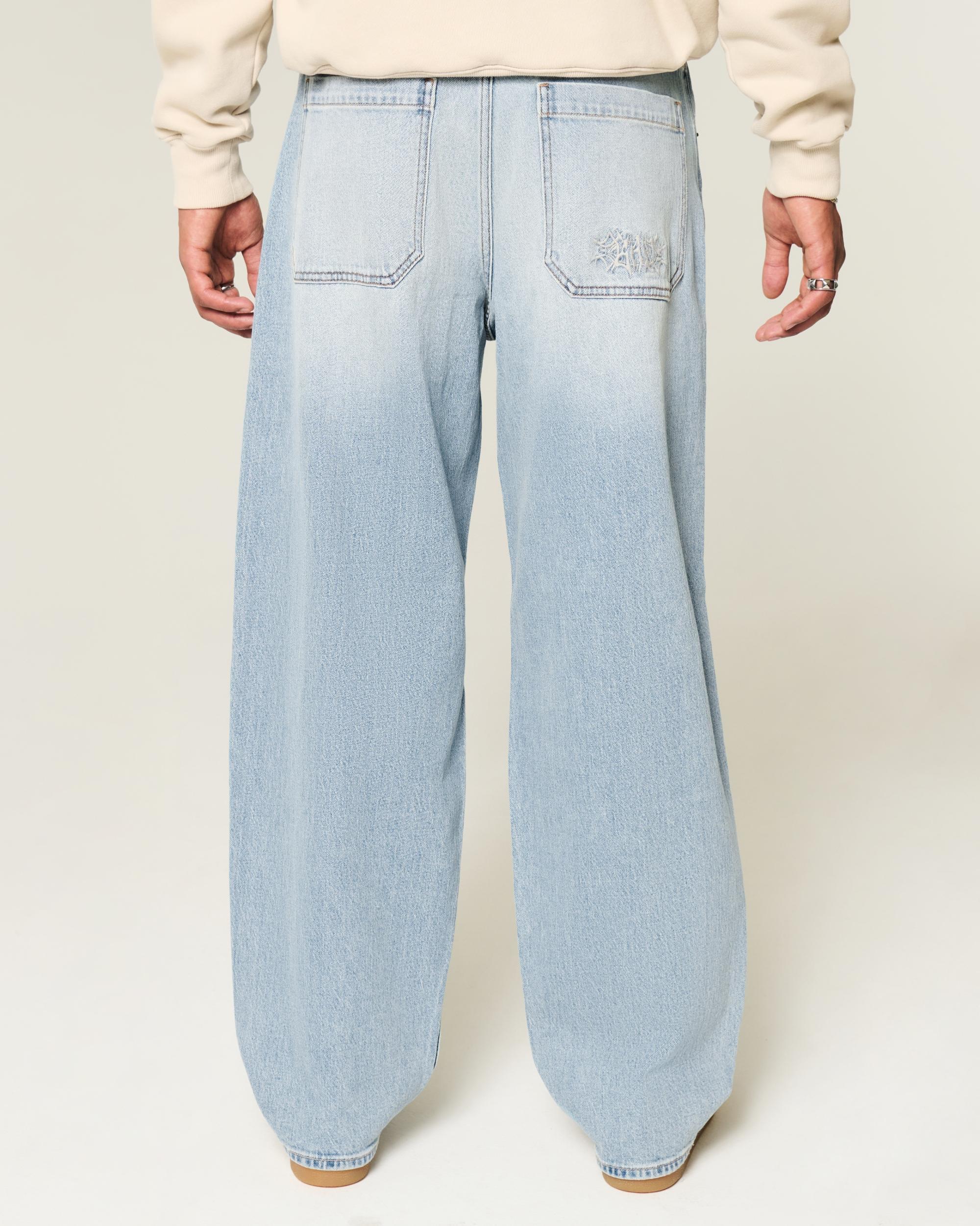 Embroidered Light Wash Skater Baggy Jeans Product Image