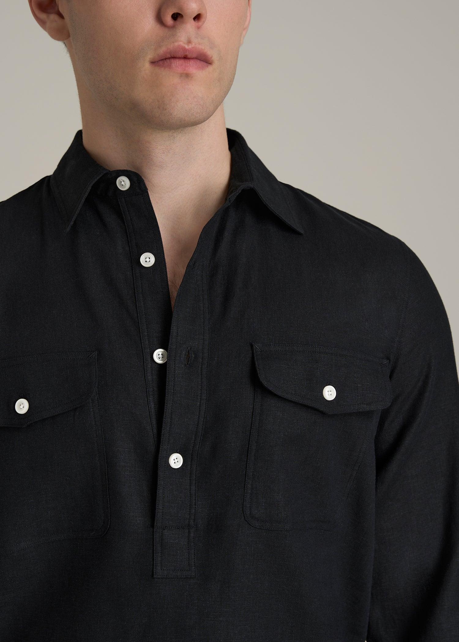 Linen Popover Shirt for Tall Men in Black Product Image