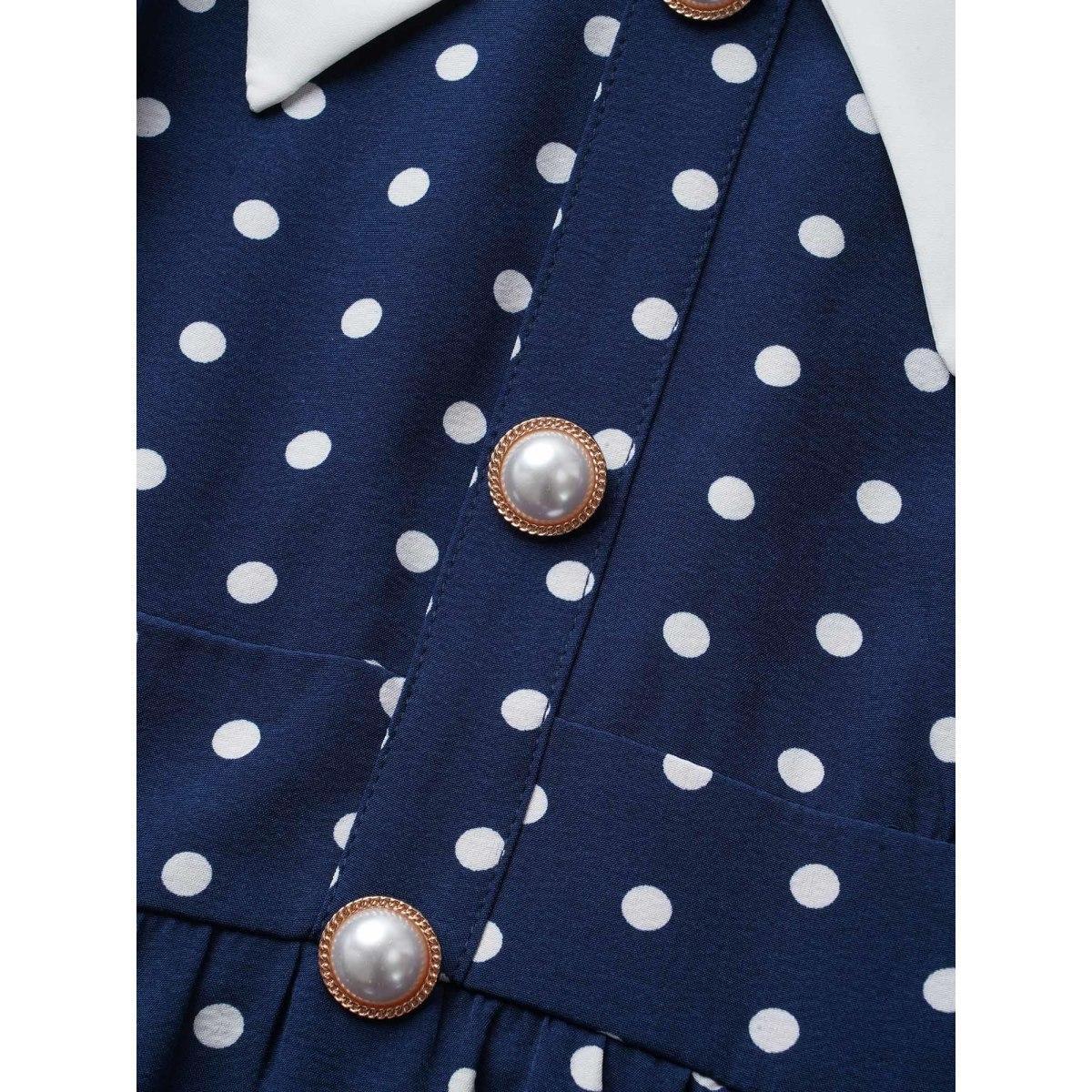 Plus Size Polka Dot Ruffle Cap Sleeve Button Detail Dress Navy Women Elegant Gathered V-neck Cap Sleeve Curvy BloomChic 22-24/3X Product Image