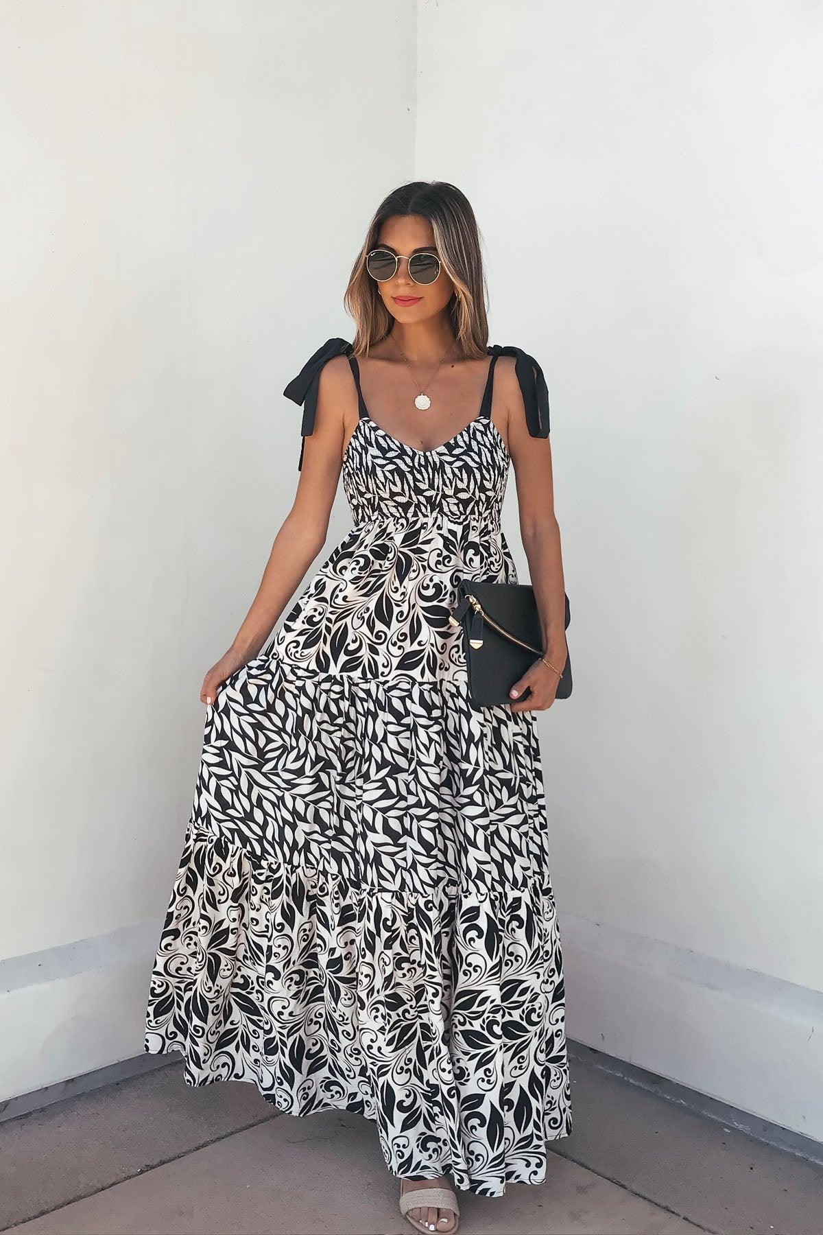 Floral Smock Tiered Maxi Dress With Black Tie Straps - FINAL SALE Product Image