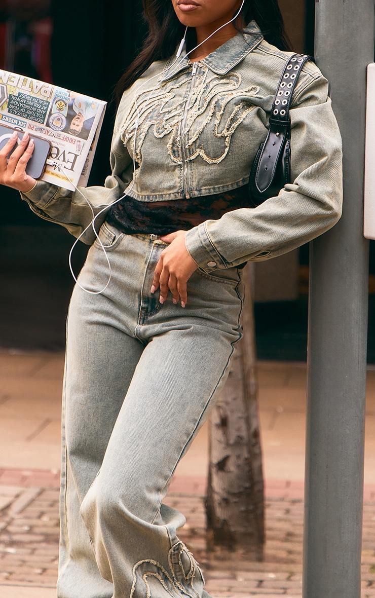 Light Blue Acid Wash Frayed Graphic Detail Wide Leg Flared Jeans Product Image