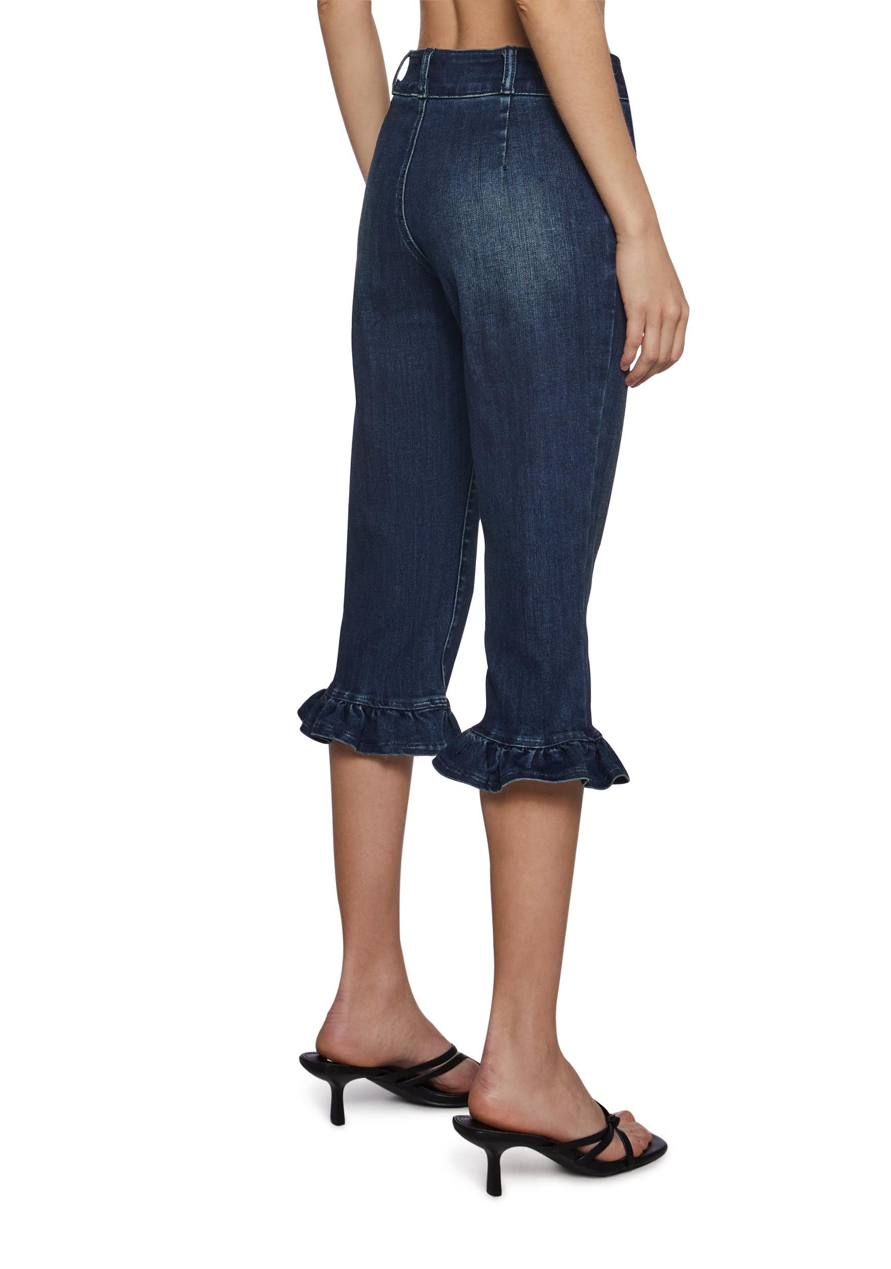 Womens Ruffled Denim Capri Pants Jeans Sugar Thrillz - Blue Product Image