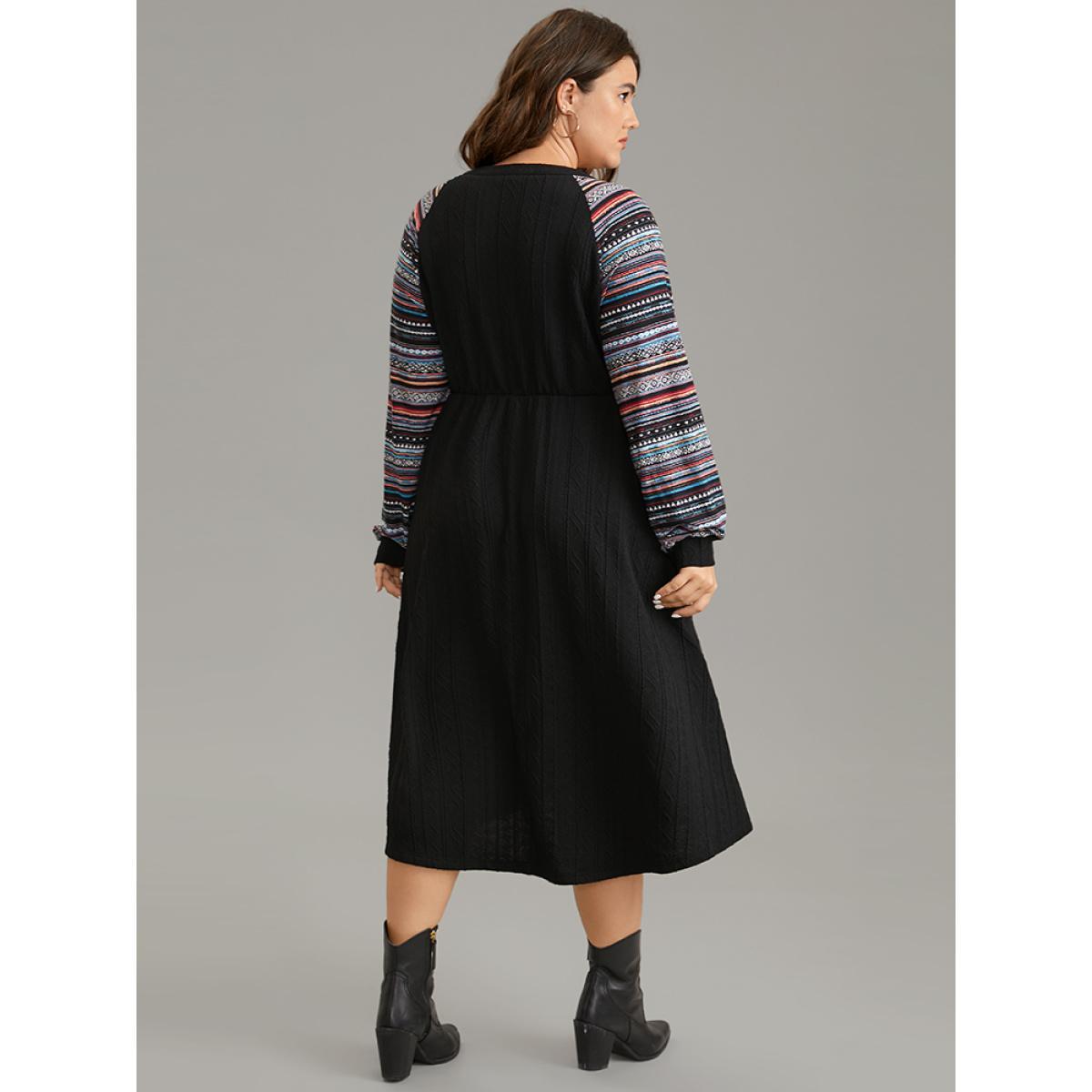 Plus Size Bandana Patchwork Elastic Waist Notched Dress DarkBlue Women Casual Printed Notched collar Long Sleeve Curvy Midi Dress BloomChic 26/4X Product Image