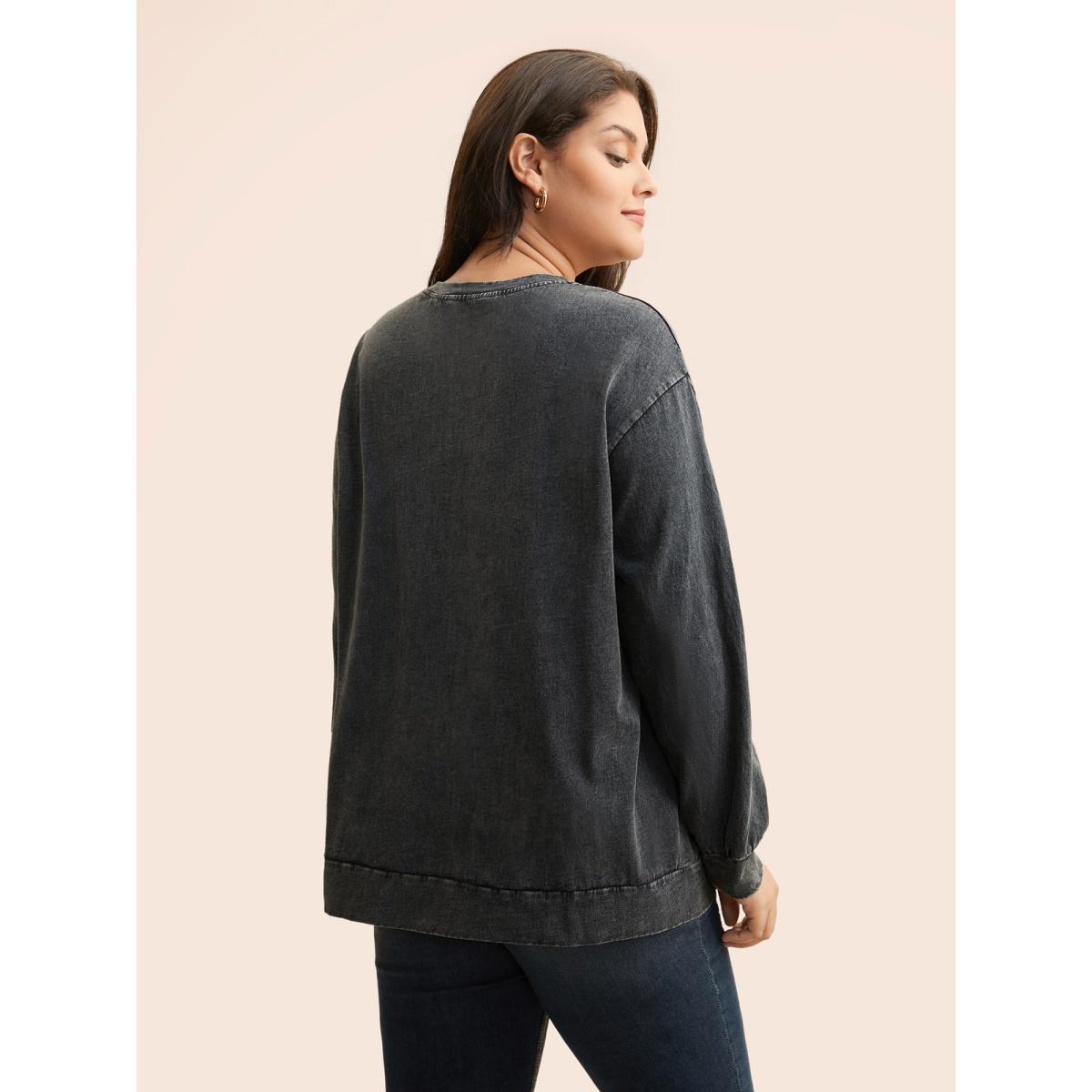 Plus Size Vintage Round Neck Slightly Stretchy Sweatshirt Women Black Casual Non Loose Round Neck Everyday Sweatshirts BloomChic 18-20/2X Product Image