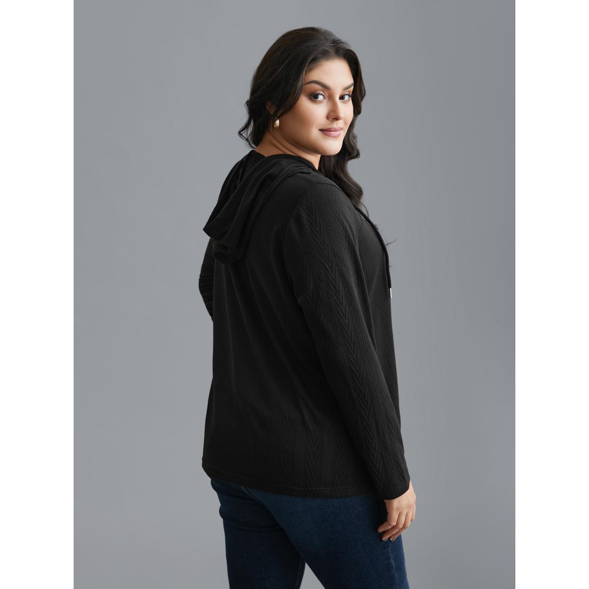 Plus Size Neck Cut-Out Elastic Textured Hoodie Women Black Elegant Texture Bodycon Hooded Everyday Sweatshirts BloomChic 22-24/3X Product Image