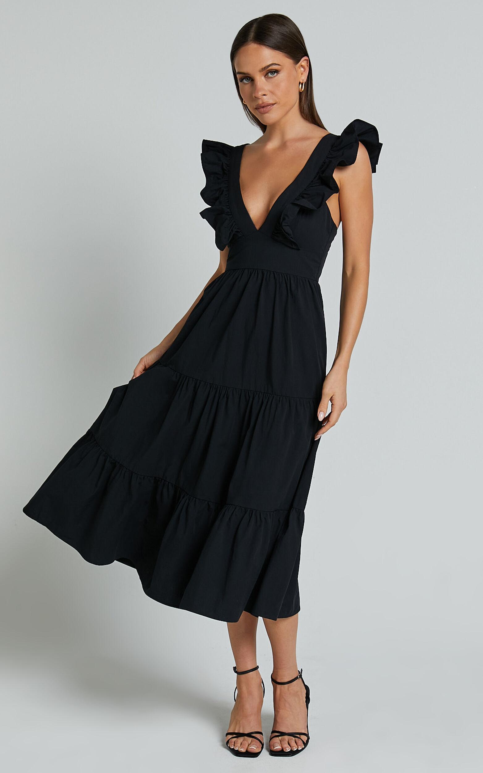 Levona Midi Dress - Ruffle Shoulder Tiered Dress in Black Product Image