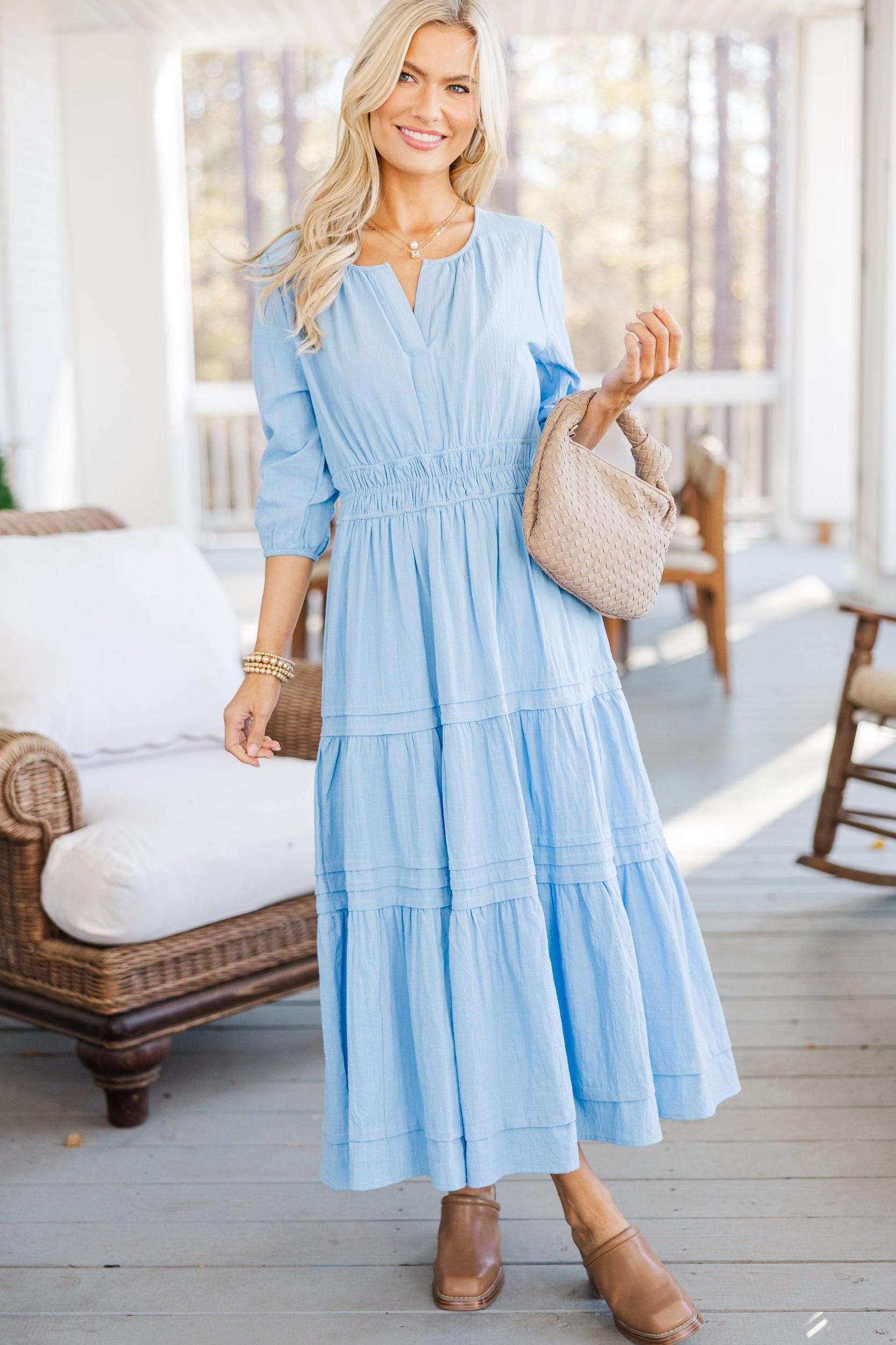 It's In The Air Light Blue 3/4 Sleeve Midi Dress Female Product Image