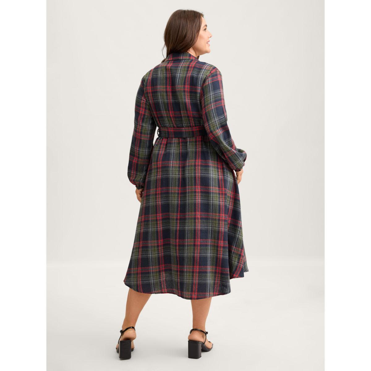 Plus Size Plaid Button Detail Pocket Belted Arc Hem Dress DarkBlue Women Casual Pocket Shirt collar Long Sleeve Curvy Midi Dress BloomChic 18-20/2X Product Image