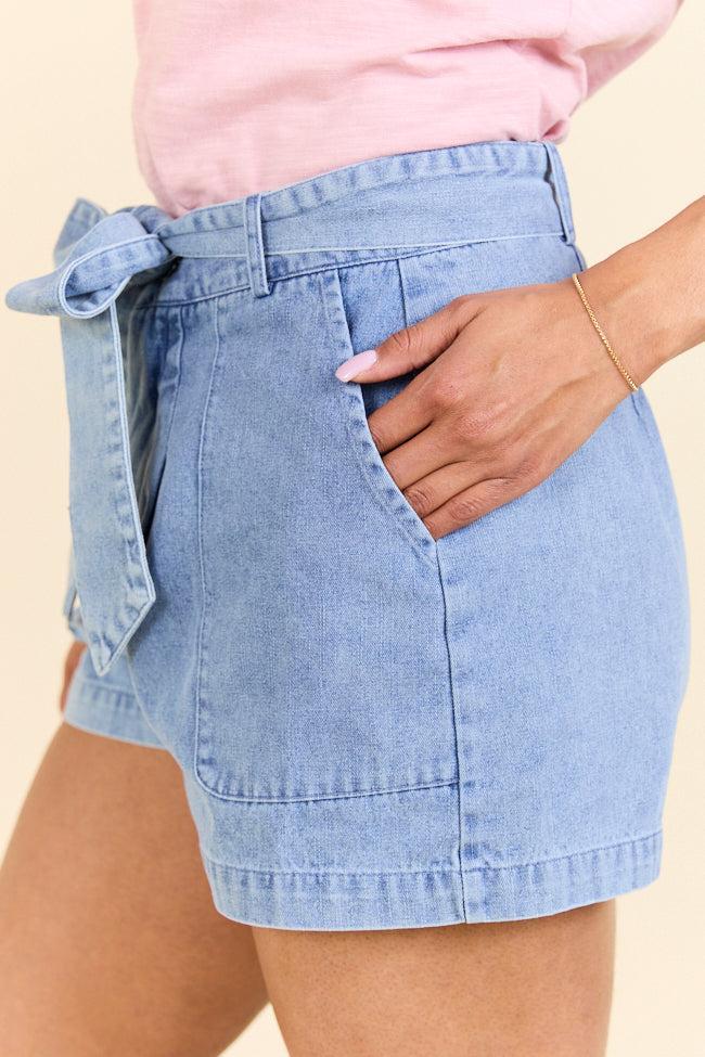 Wherever You Are Light Wash Belted Denim Shorts SALE Product Image