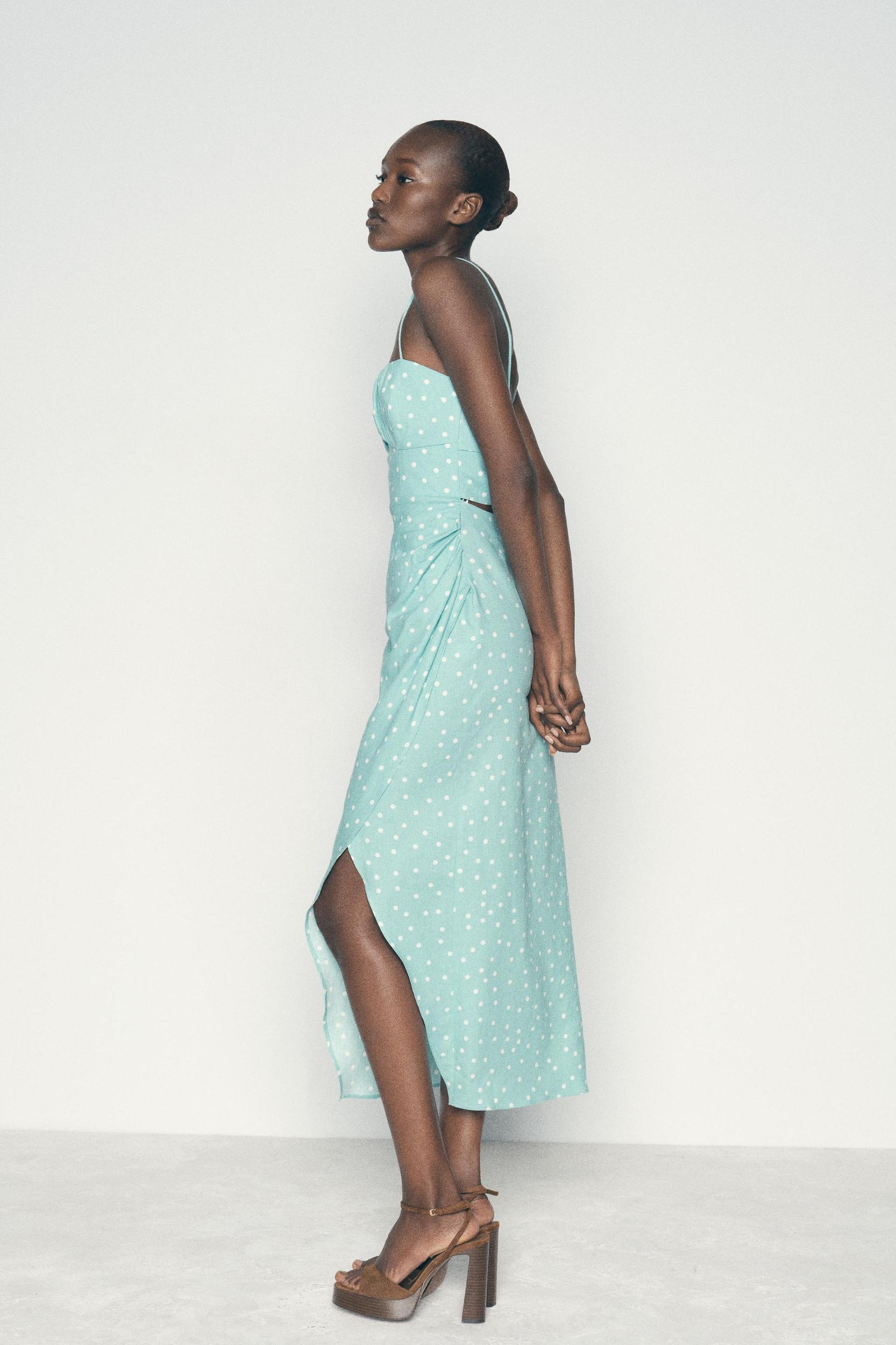 LINEN BLEND POLKA DOT MIDI DRESS Product Image