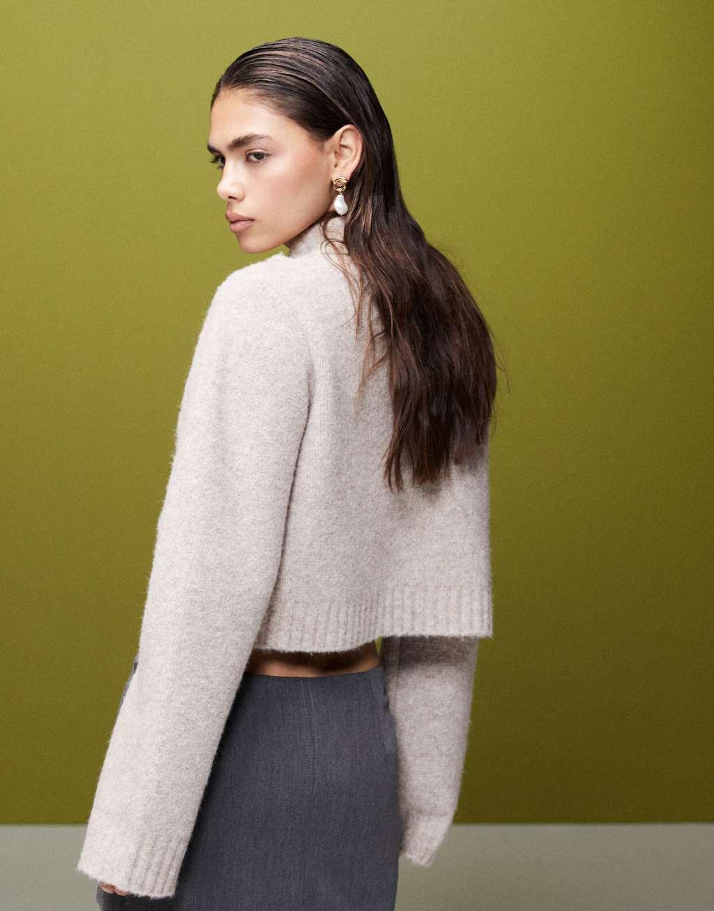 ASOS DESIGN knitted cardigan with collar and pocket detail in stone Product Image