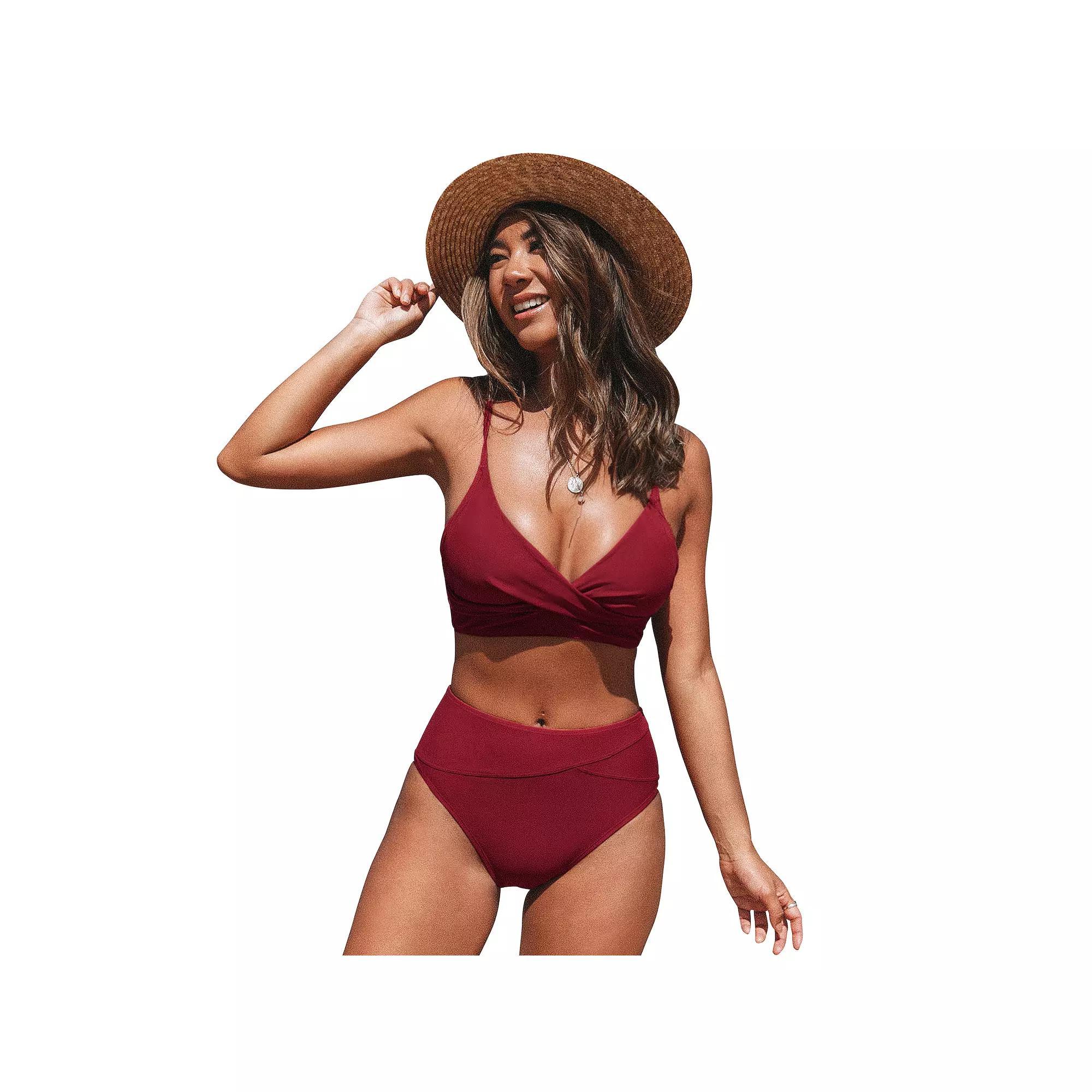 Women's Cupshe Twist Front High Waisted Bikini Swimsuit Set, Size: XL, Red Product Image