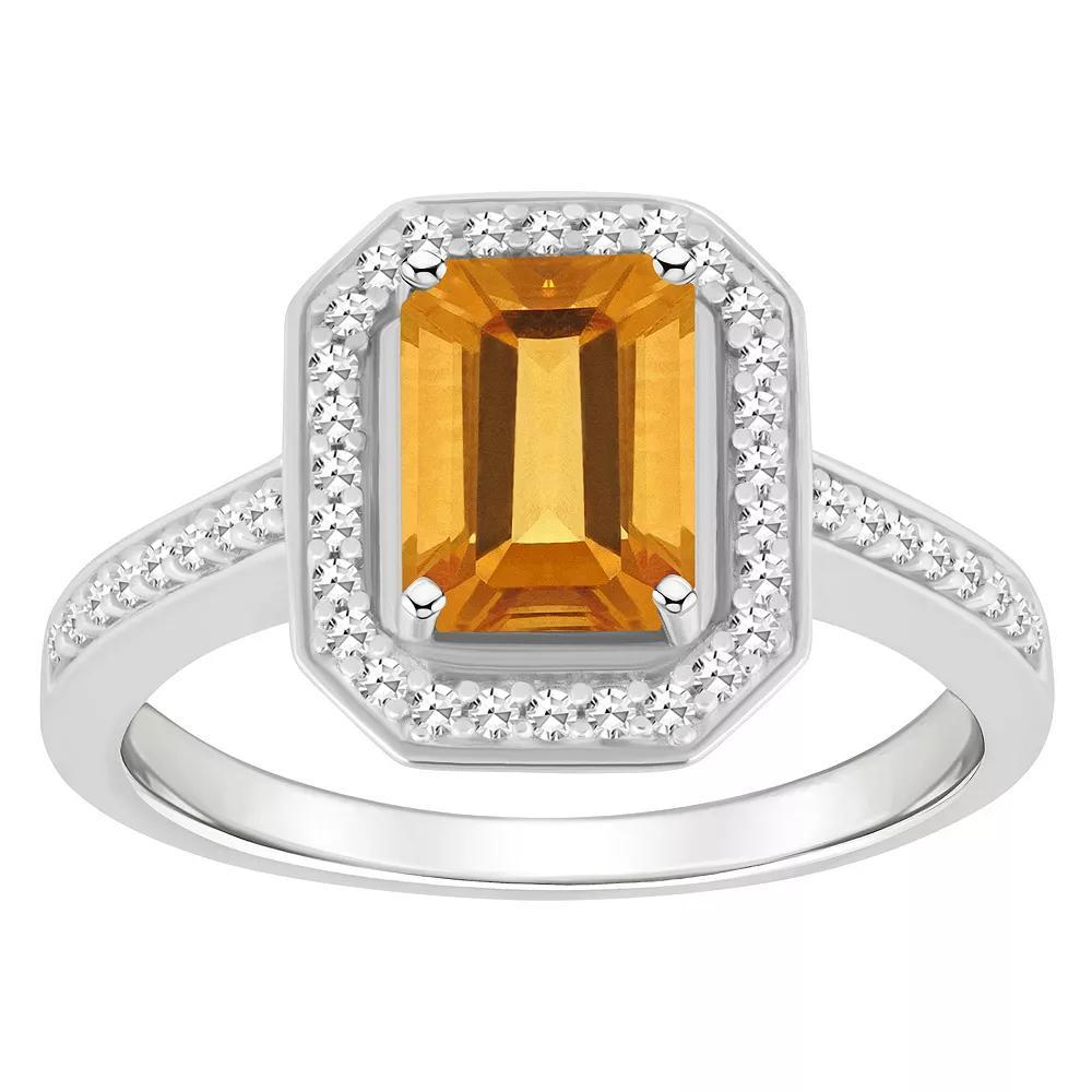 Celebration Gems Sterling Silver 8 mm x 6 mm Emerald Cut Gemstone & 1/5 Carat T.W. Diamond Halo Ring, Women's, Citrine Product Image