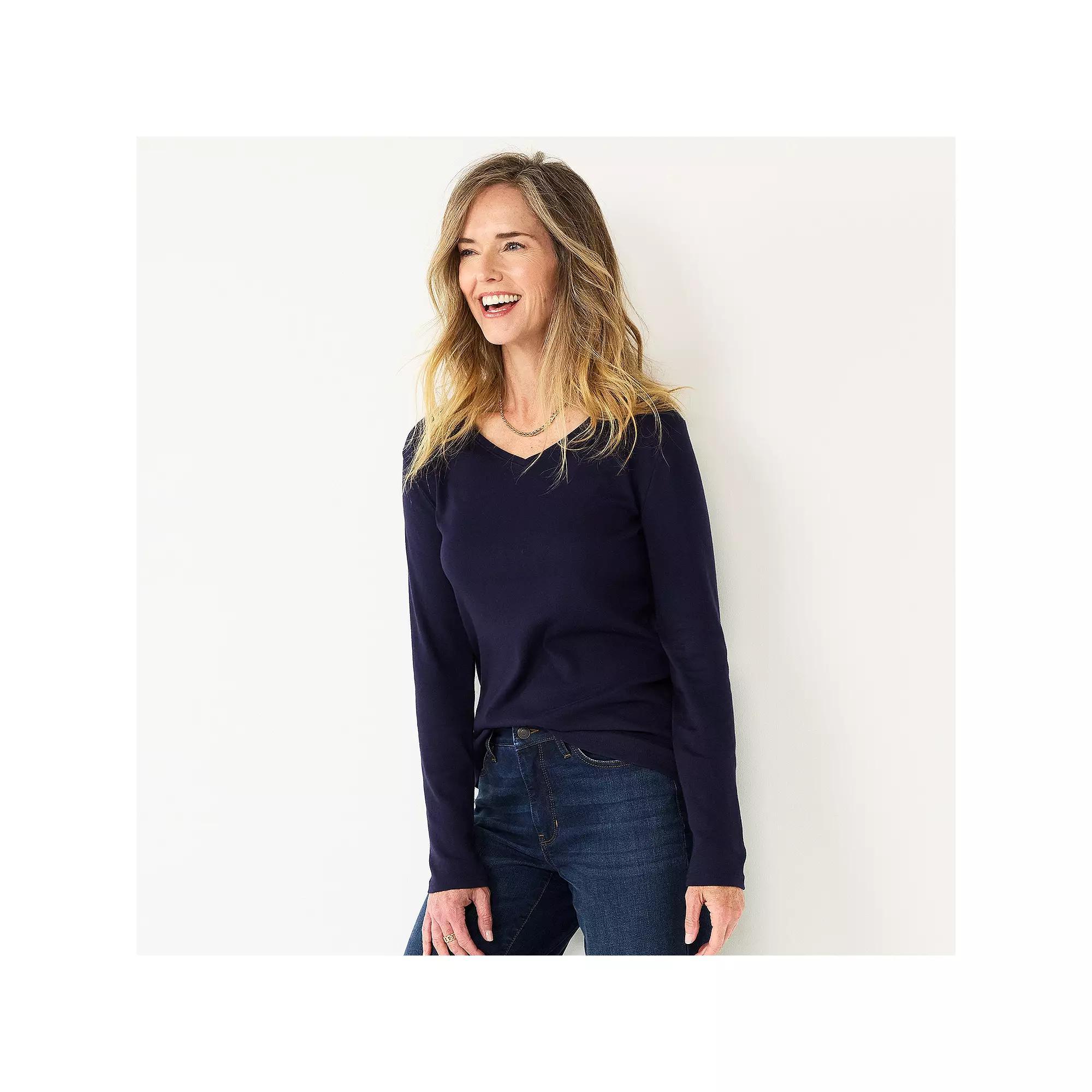 Women's Croft & Barrow® Essential Long Sleeve V-Neck Tee, Size: XL, Blue Product Image
