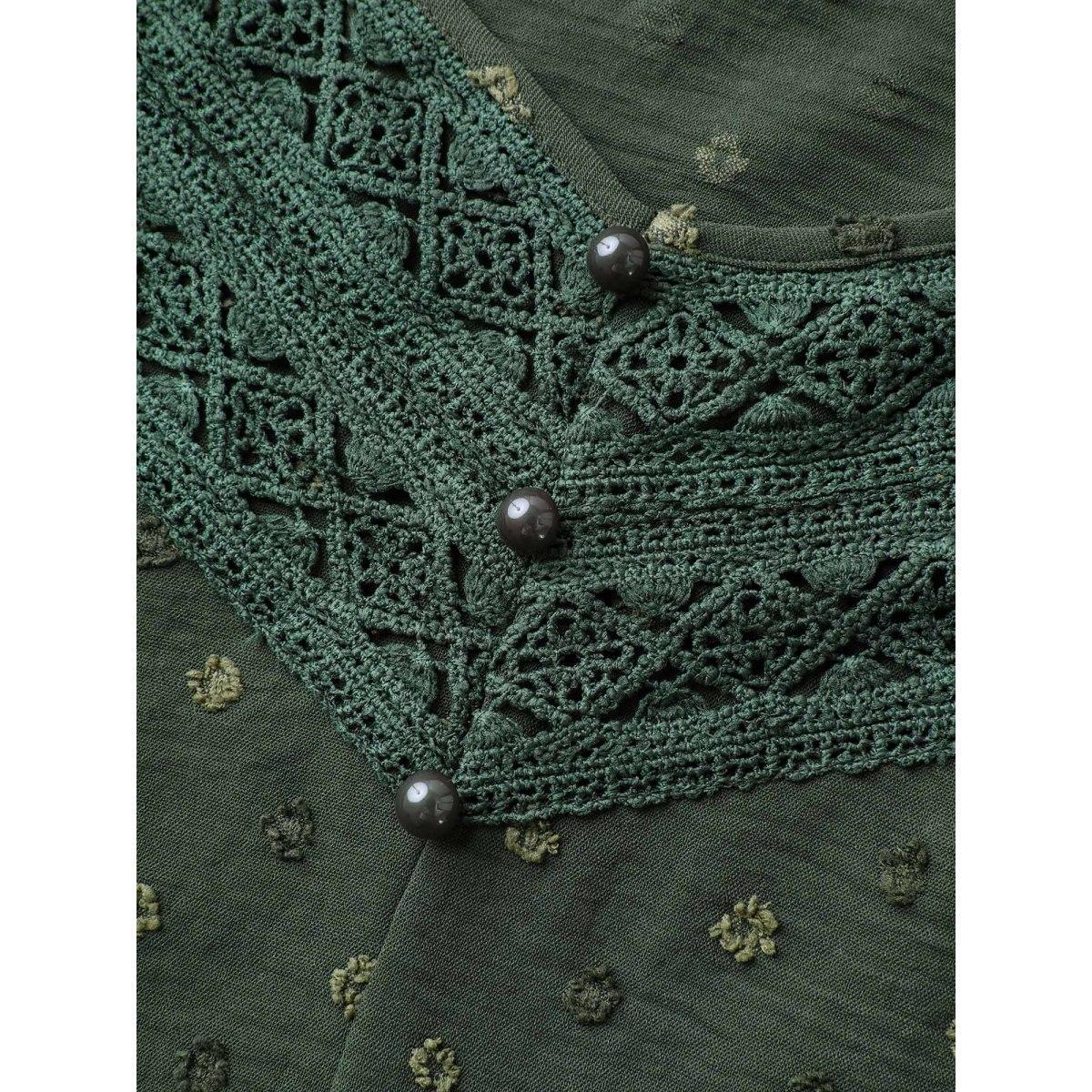 Plus Size Textured Lace Trim Neck Tank Top Women ArmyGreen Woven ribbon&lace trim V-neck Everyday-Elegant Tank Tops Camis BloomChic 10/M Product Image