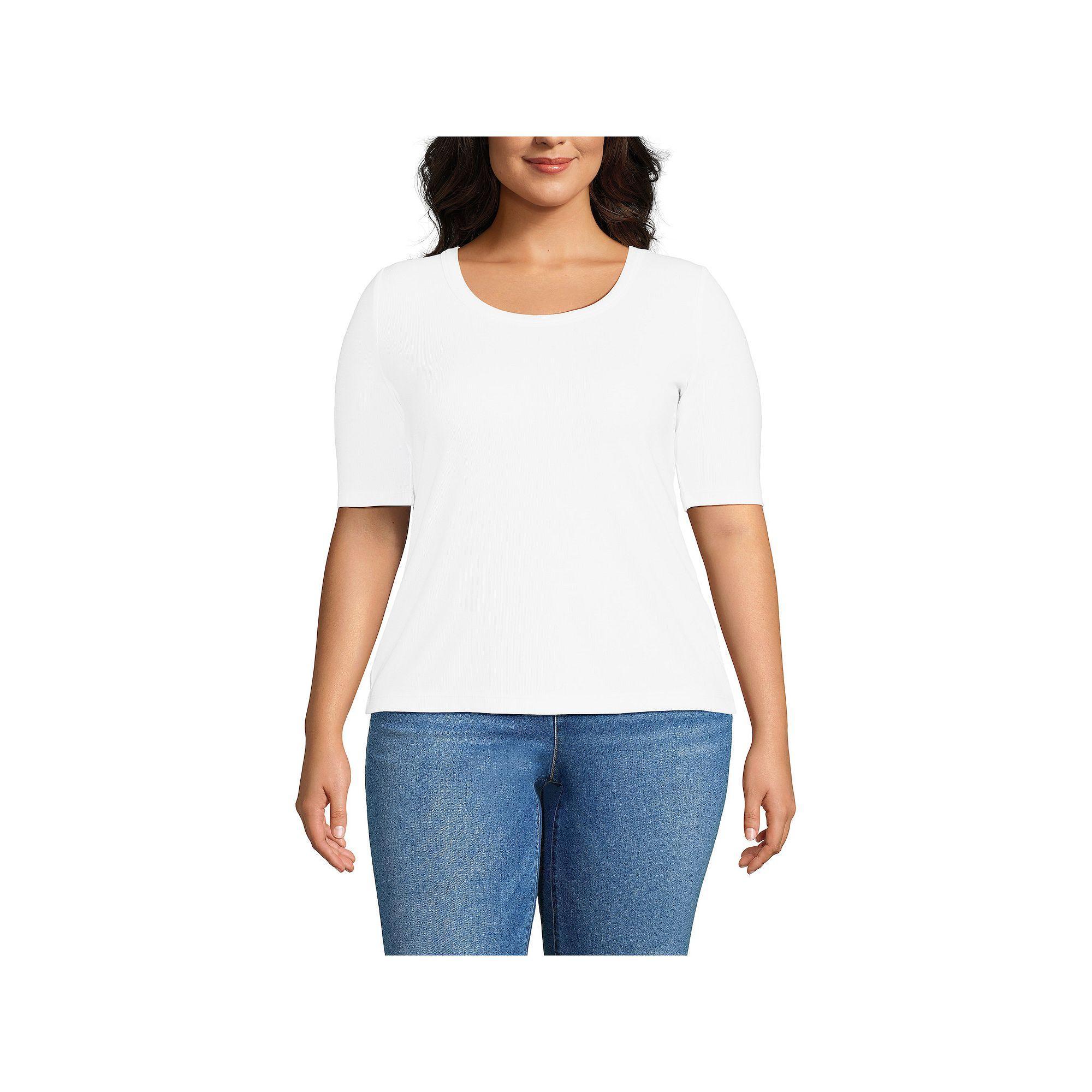 Plus Size Lands' End Drapey Rib Fitted Elbow Sleeve Scoop Neck Tee, Women's, Size: 3XL, Frosted Green Stripe Product Image