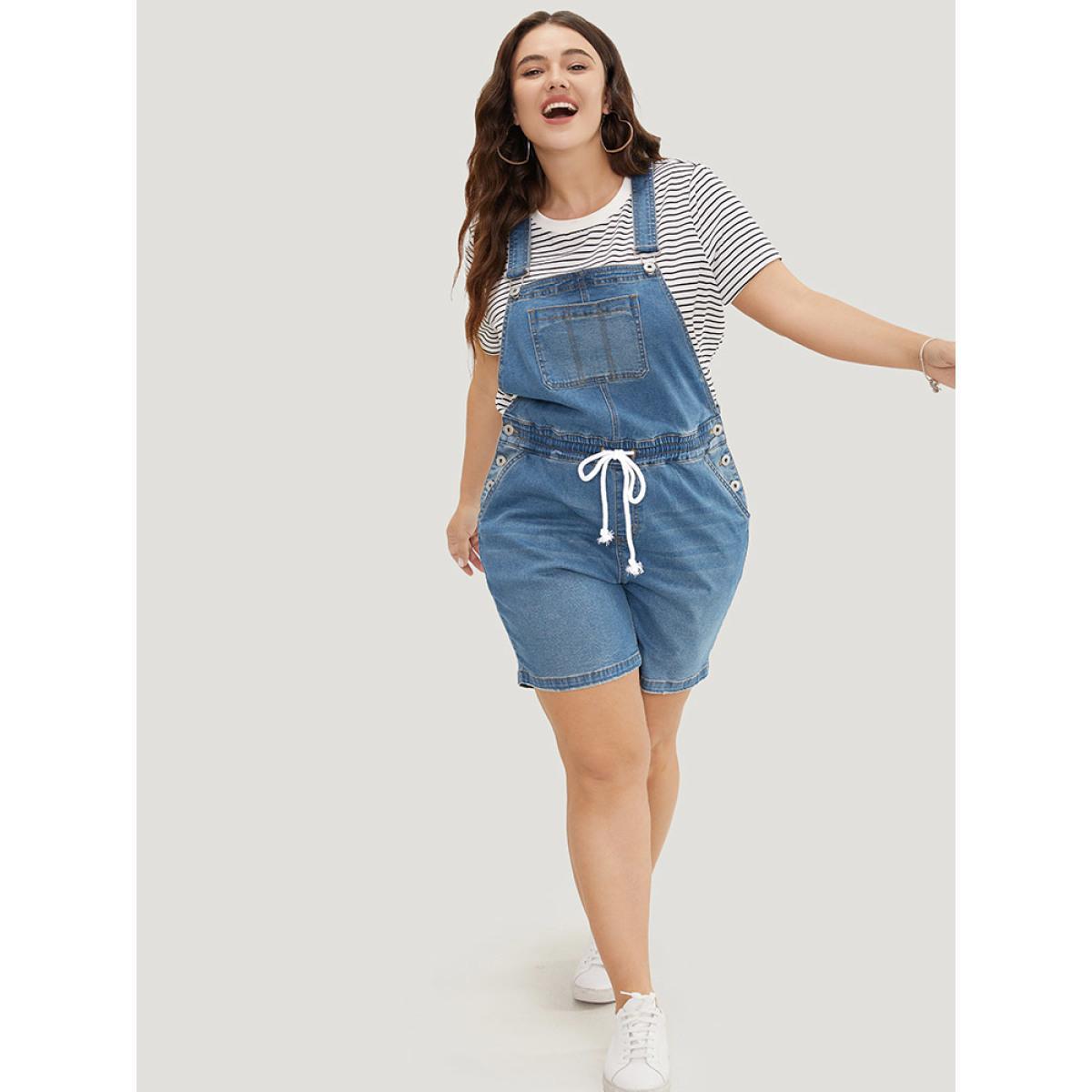 Plus Size Drawstring Button Up Dark Wash Denim Overalls Blue Women Plain Low stretch Dailywear Pocket Casual Denim Jumpsuits BloomChic 26/4X Product Image