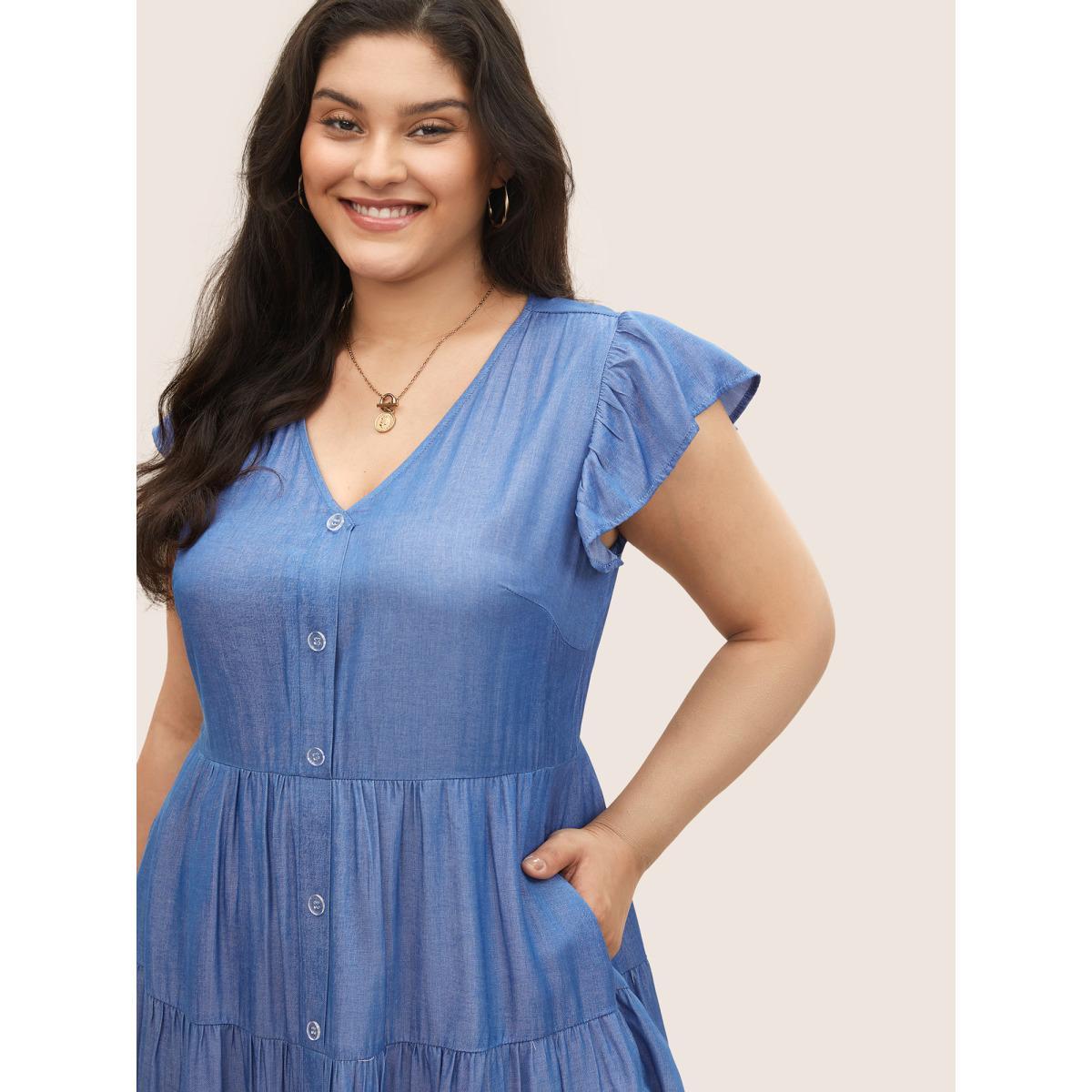 Plus Size Plain Button Detail Layered Hem Ruffle Cap Sleeve Dress Blue Women Casual Non V-neck Cap Sleeve Curvy Midi Dress BloomChic 26/4X Product Image