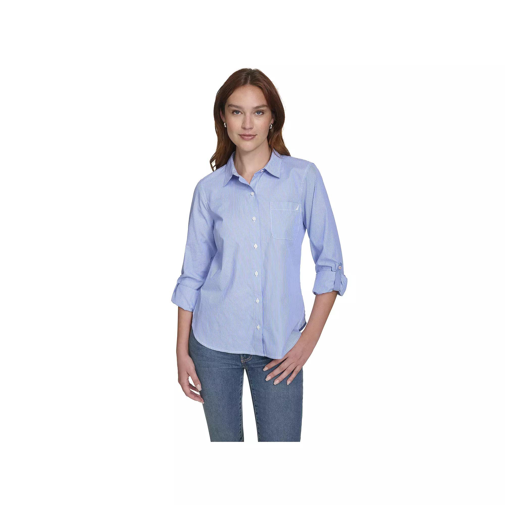 Women's Nautica Roll Tab Button Down Shirt, Size: Medium, Blue Stripe Product Image