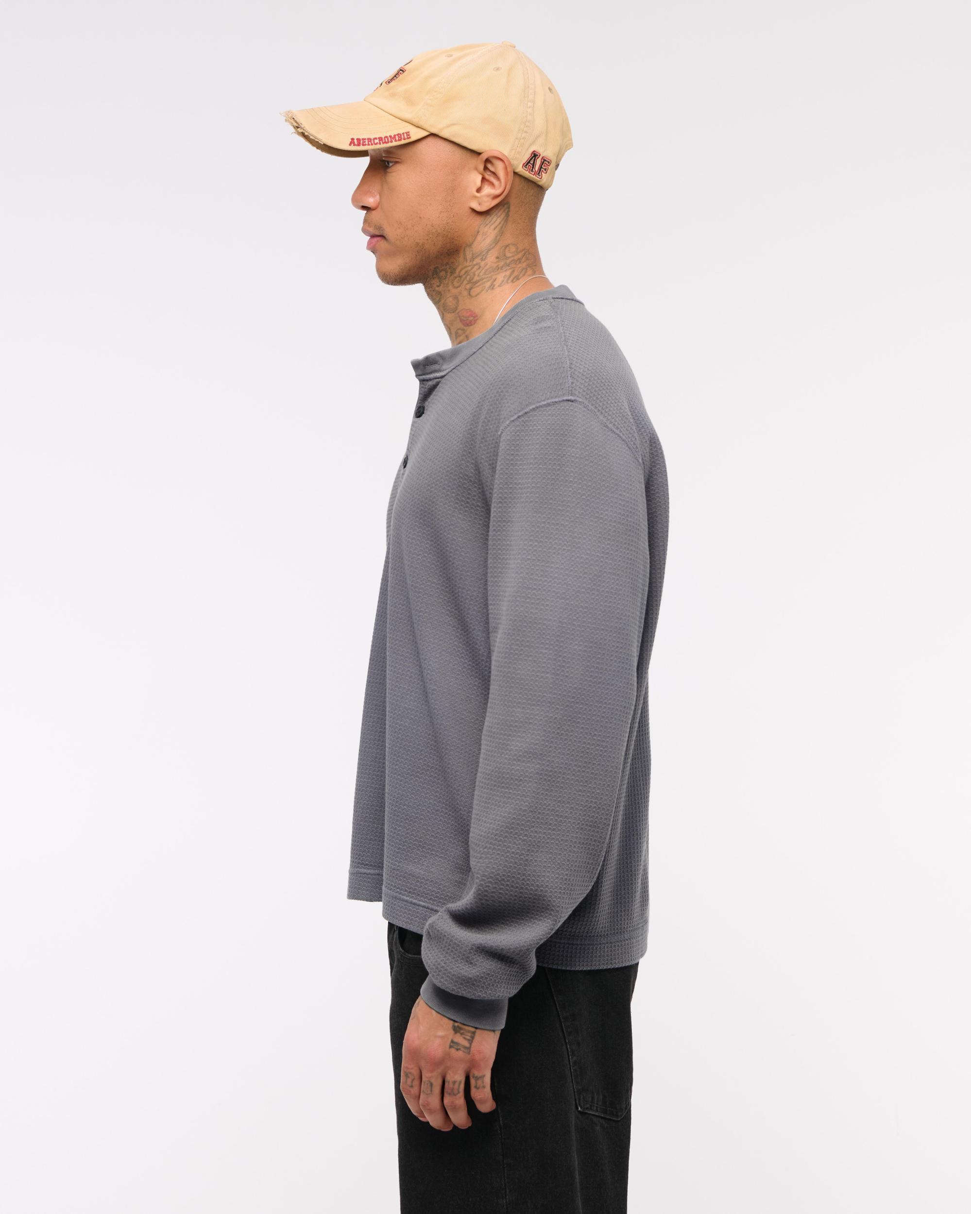 Long-Sleeve Grid Waffle Cropped Henley Product Image
