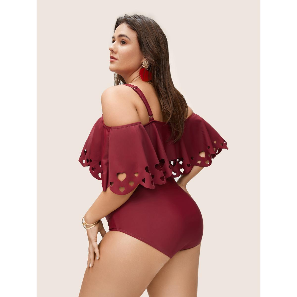 Plus Size Laser Cut Ruched Cold Shoulder One Piece Swimsuit Women's Swimwear Scarlet Beach Non Curve Bathing Suits High stretch One Pieces BloomChic 28/5X Product Image