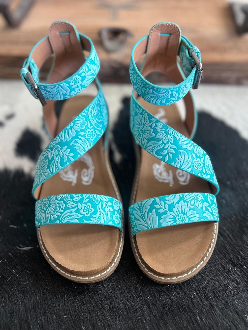 Sylvie Turquoise Tooled Strap Sandals Product Image