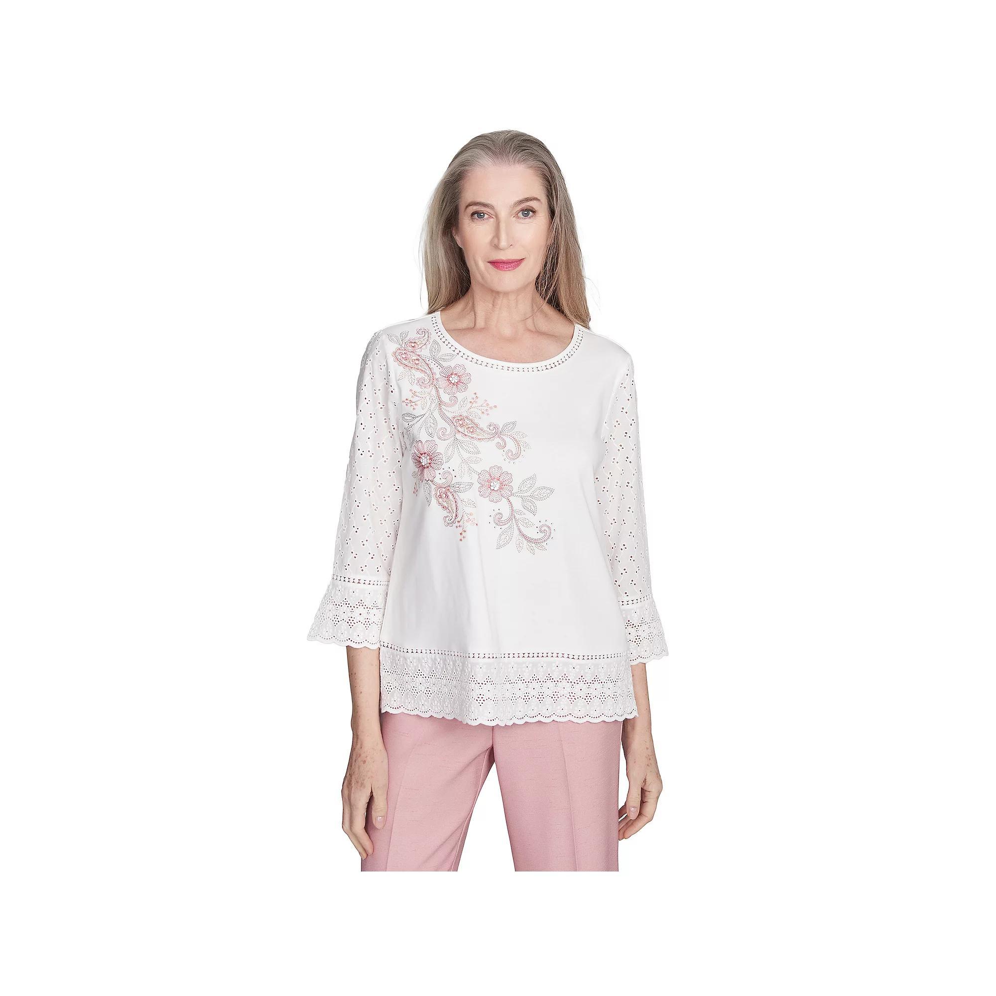 Petite Alfred Dunner Embroidered Floral Eyelet Trim Top, Women's, Size: XL Petite, Oyster Product Image