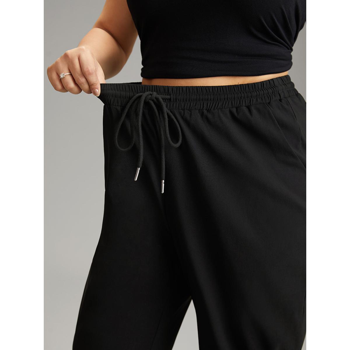 Plus Size Solid Drawstring Pocket Elastic Waist Pants Women Black Casual Straight Leg High Rise Dailywear Pants BloomChic 30/6X Product Image