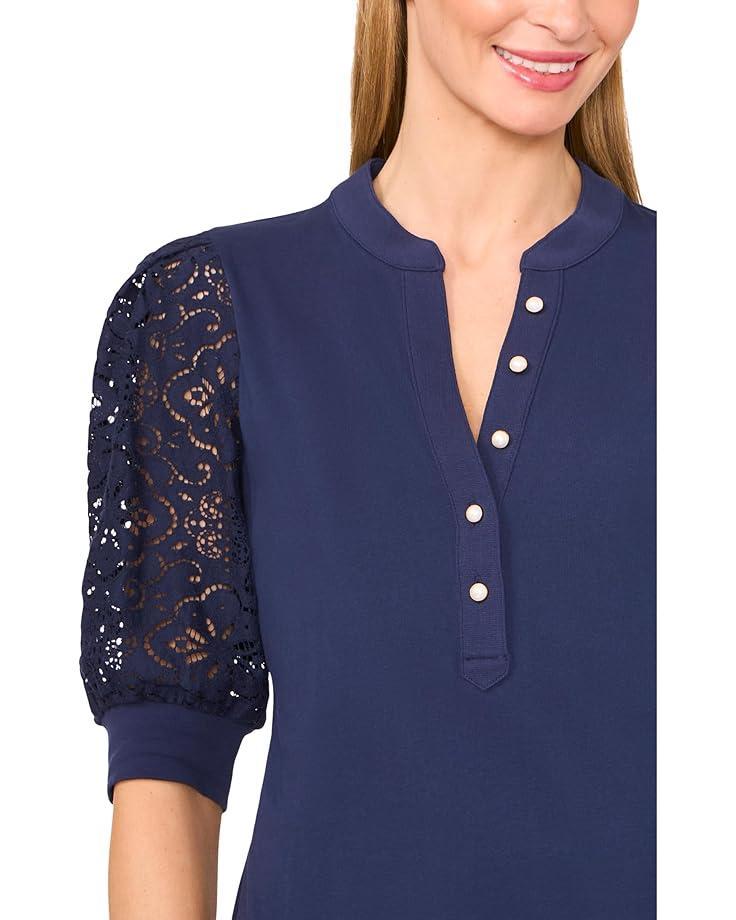 Knit V-Neck Combo Pearl Sleeve Top Product Image