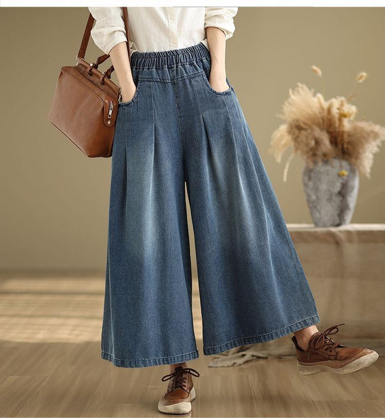 Elastic Waist Washed Pleated Denim Culottes Product Image