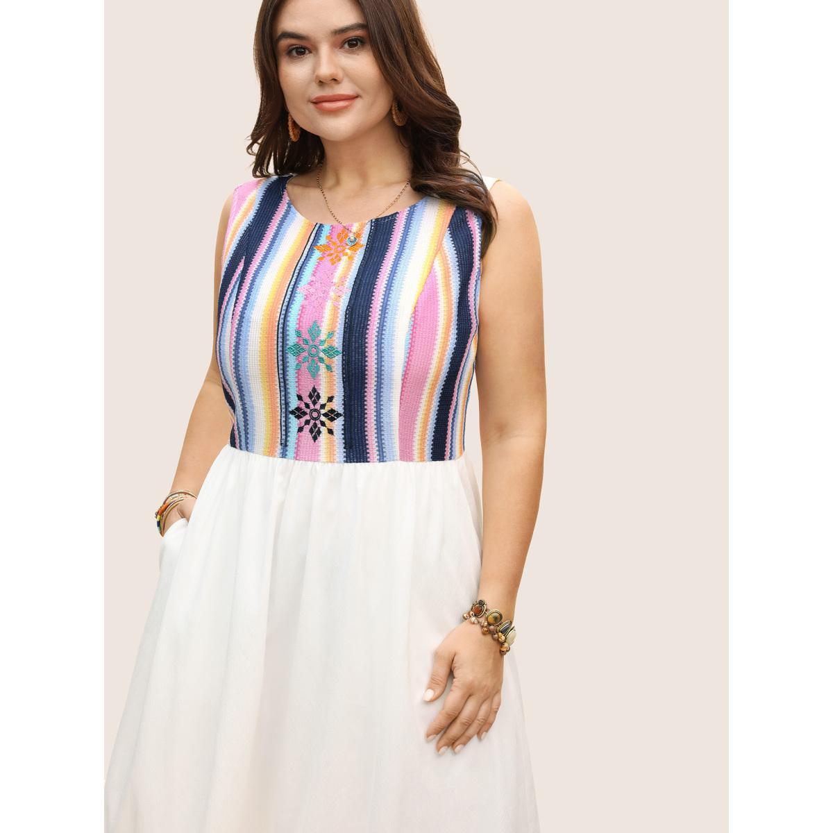 Plus Size Floral Embroidered Woven Ribbon Patchwork Dress Ivory Women Resort Woven ribbon&lace trim Round Neck Sleeveless Curvy BloomChic 18-20/2X Product Image