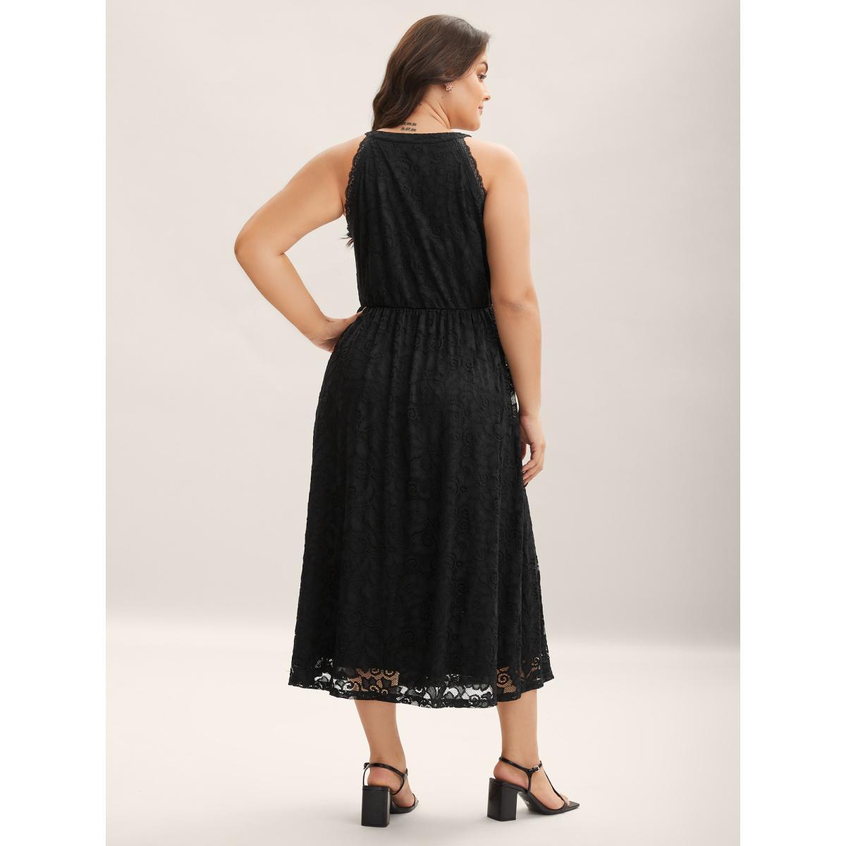 Plus Size Textured Lace Sleeveless Pockets Midi Dress Black Women Round Neck Sleeveless Curvy BloomChic 26/4X Product Image