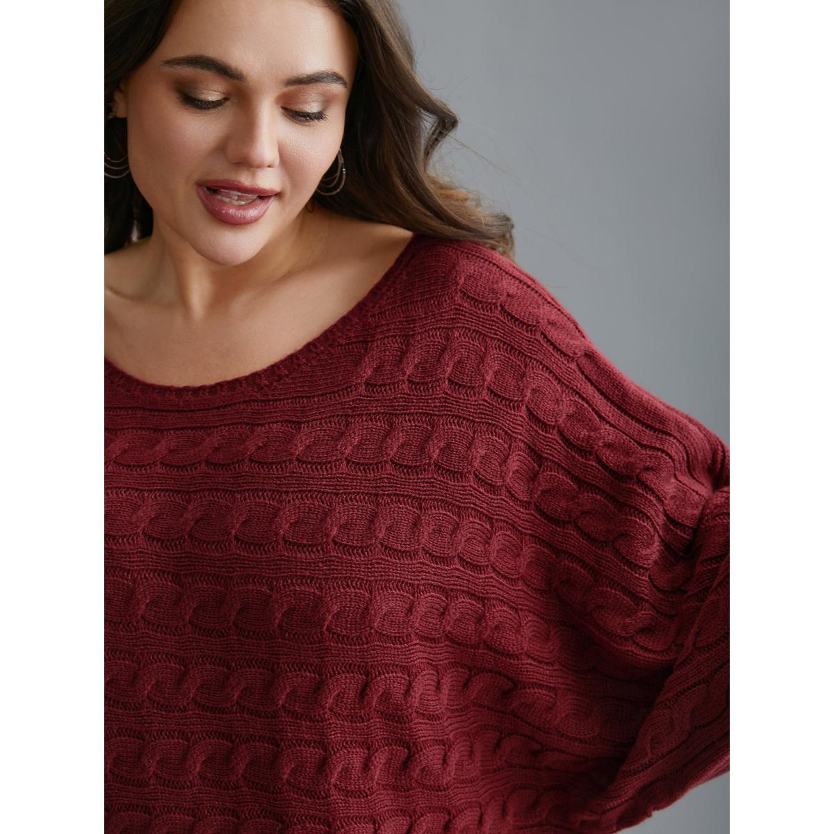 Plus Size Cable Knit Dolman Sleeve Pullover Deepred Women Casual Loose Long Sleeve Boat Neck Everyday Pullovers BloomChic 14-16/1X Product Image